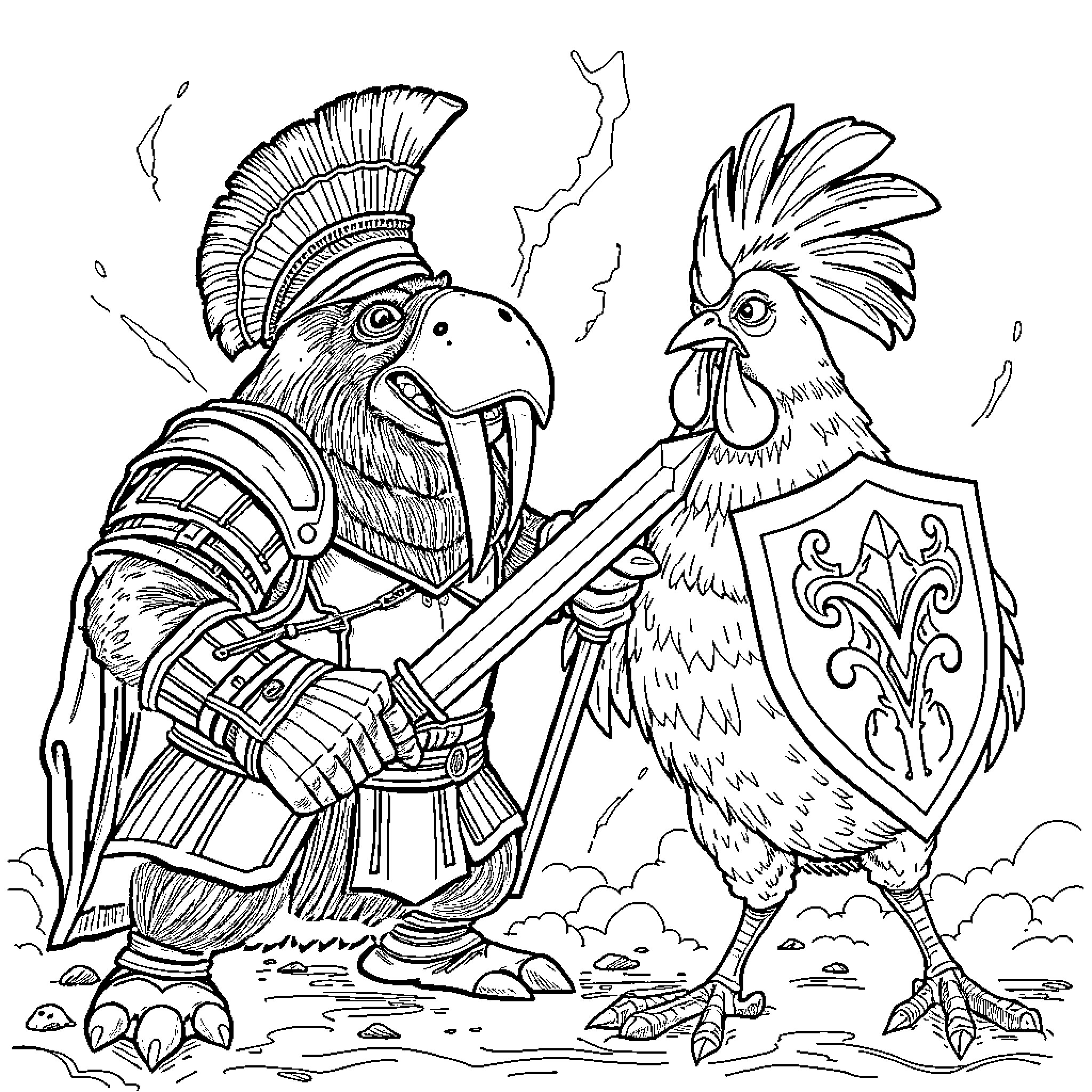 Walrus knights in battle-ready postures Coloring Page (free black-and-white line drawing printable PDF for all, from beginners to advanced learners, including children, teens, adults, and seniors)