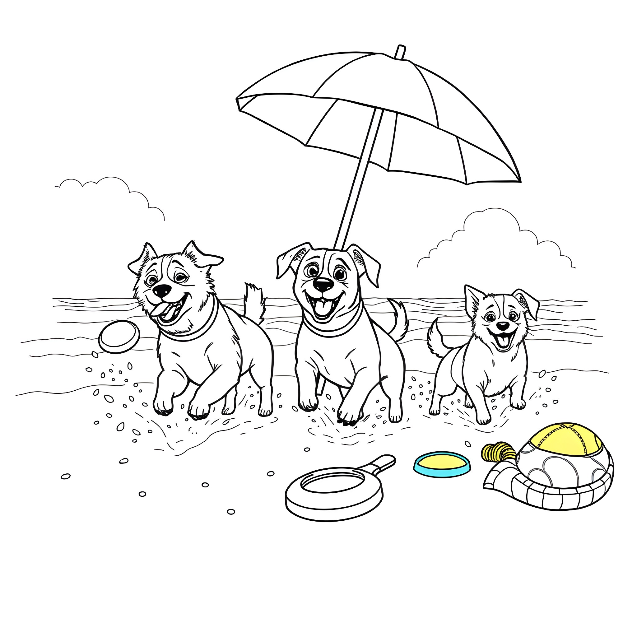Dogs playing happily at the beach under an umbrella Coloring Page (free black-and-white line drawing printable PDF for all, from beginners to advanced learners, including children, teens, adults, and seniors)