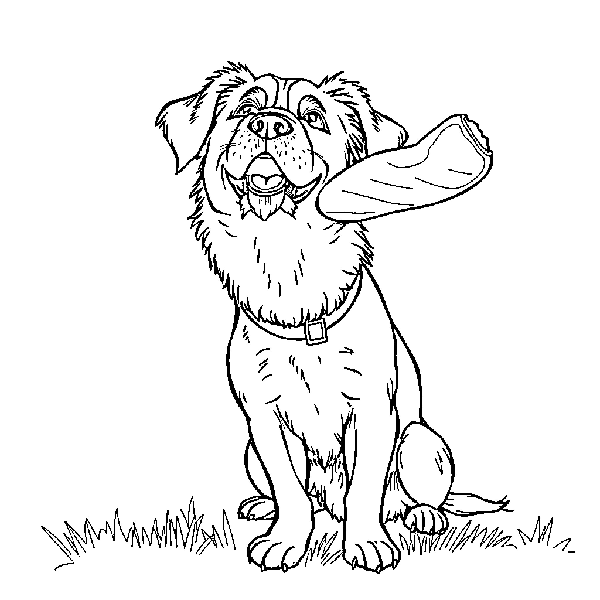 Cane carrying large bone in grassy field Coloring Page (free black-and-white line drawing printable PDF for all, from beginners to advanced learners, including children, teens, adults, and seniors)