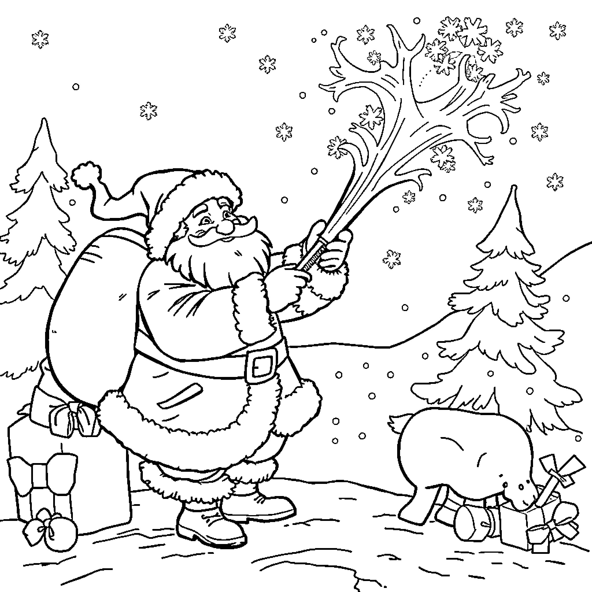 Lutin's Snowy Winter Wonderland Coloring Page (free black-and-white line drawing printable PDF for all, from beginners to advanced learners, including children, teens, adults, and seniors)