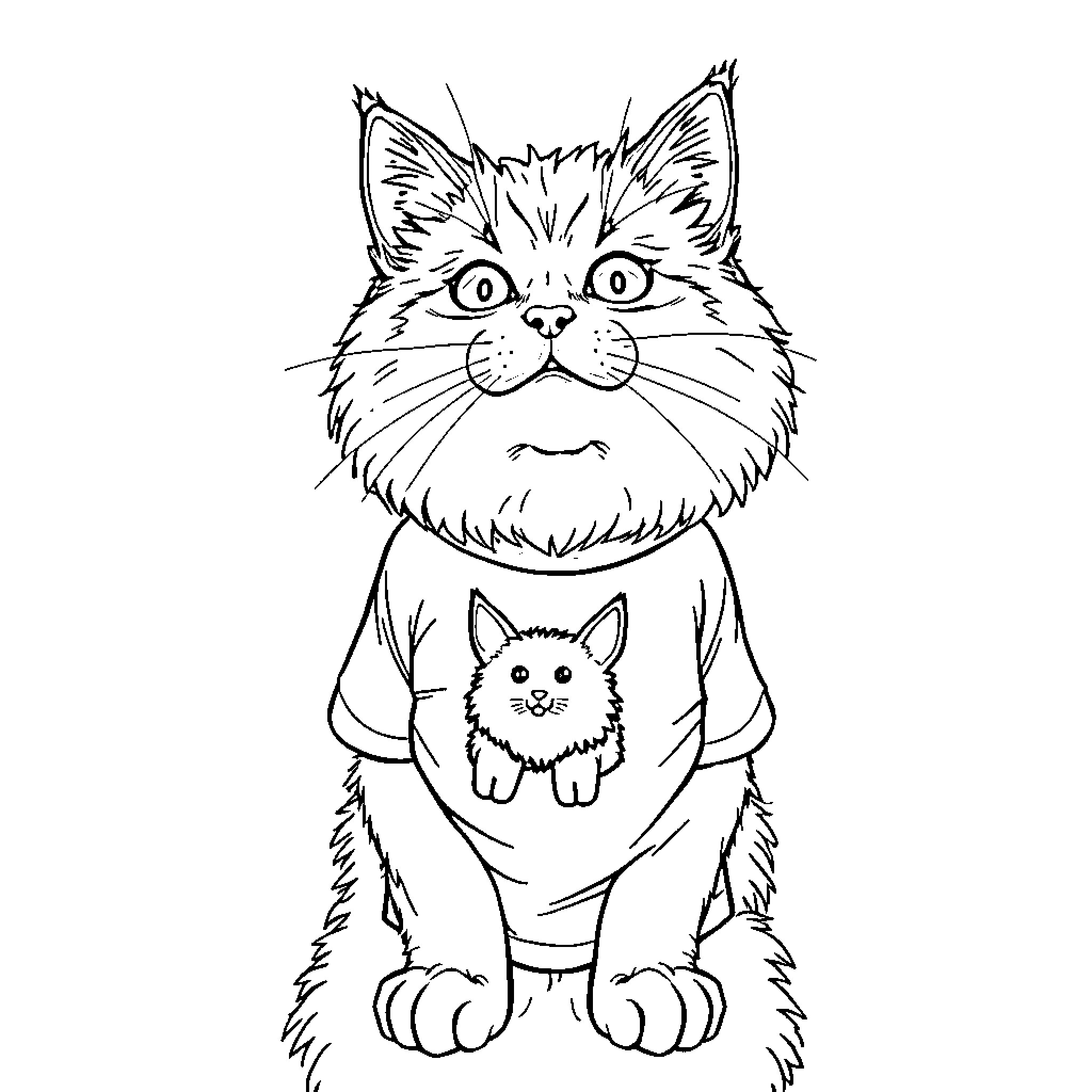 Cat and kitten in matching outfits Coloring Page (free black-and-white line drawing printable PDF for all, from beginners to advanced learners, including children, teens, adults, and seniors)