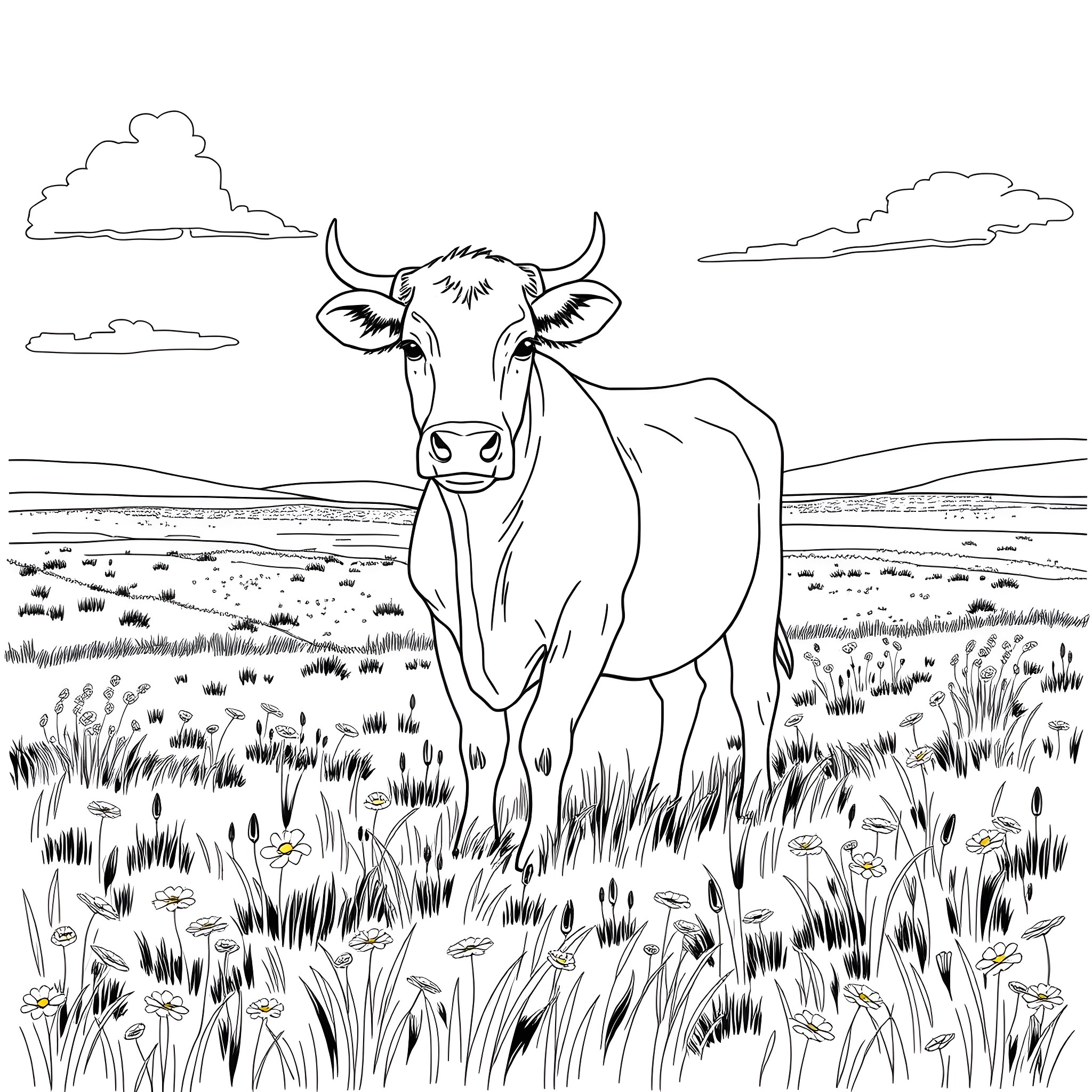 Calf standing in grassy field with flowers Coloring Page (free black-and-white line drawing printable PDF for all, from beginners to advanced learners, including children, teens, adults, and seniors)