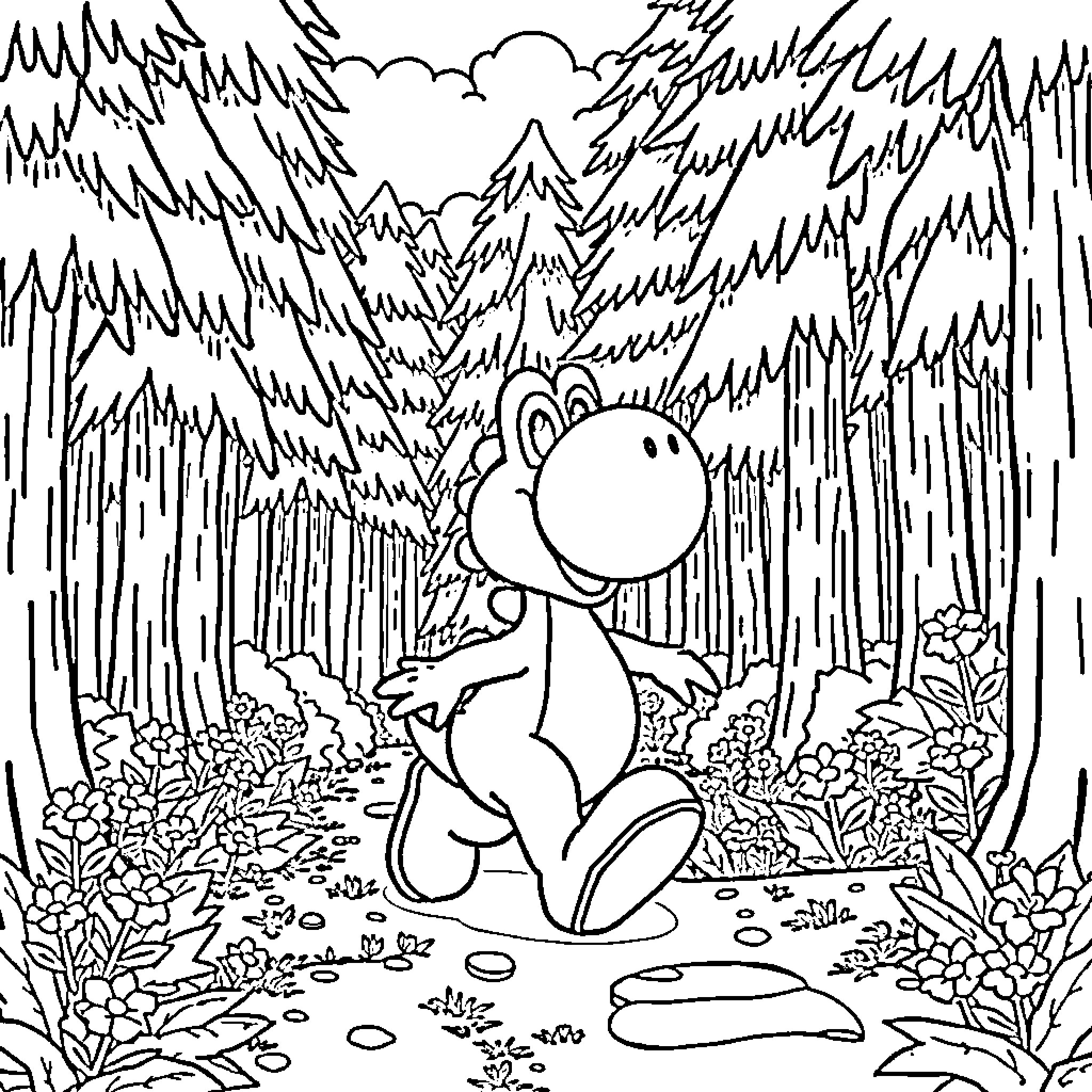 Yoshi in a Cozy Forest Landscape Coloring Page (free black-and-white line drawing printable PDF for all, from beginners to advanced learners, including children, teens, adults, and seniors)