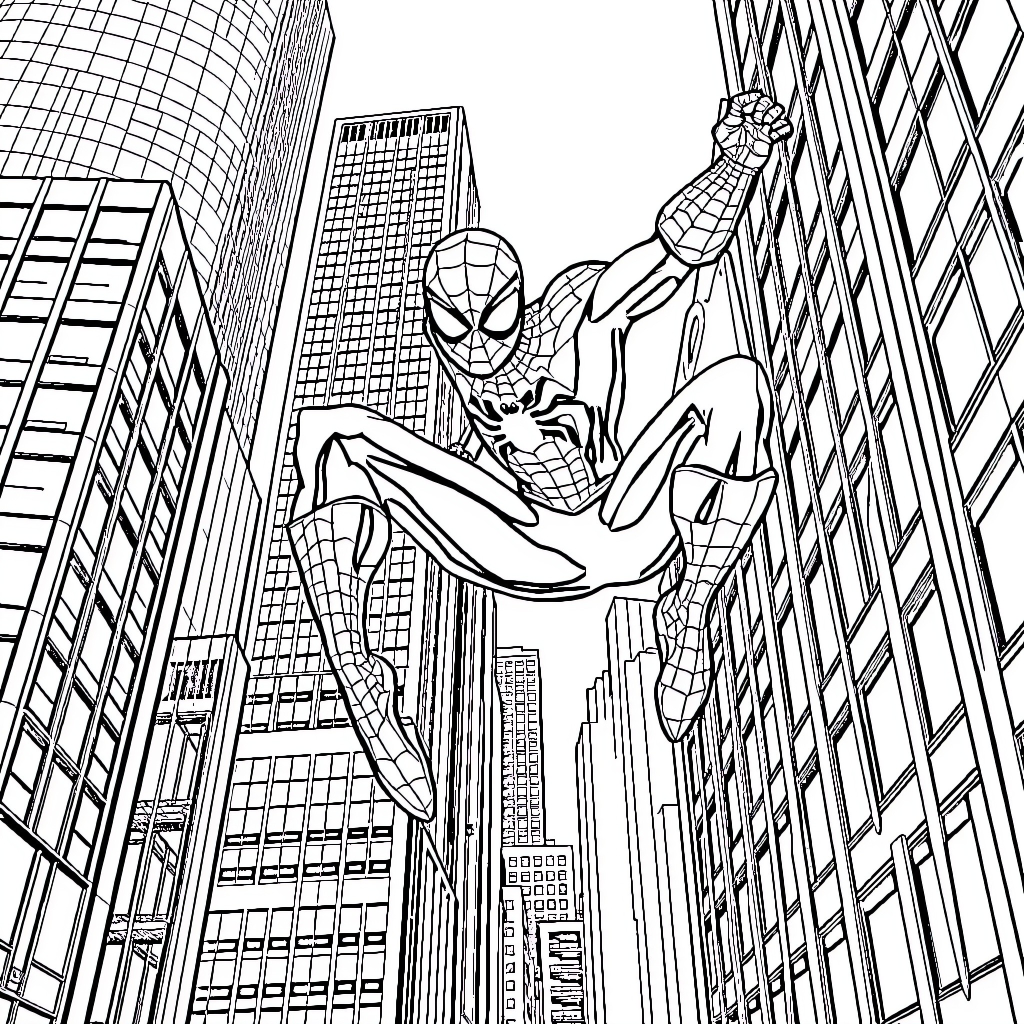 Spiderman swinging through the city skyline Coloring Page (free black-and-white line drawing printable PDF for all, from beginners to advanced learners, including children, teens, adults, and seniors)