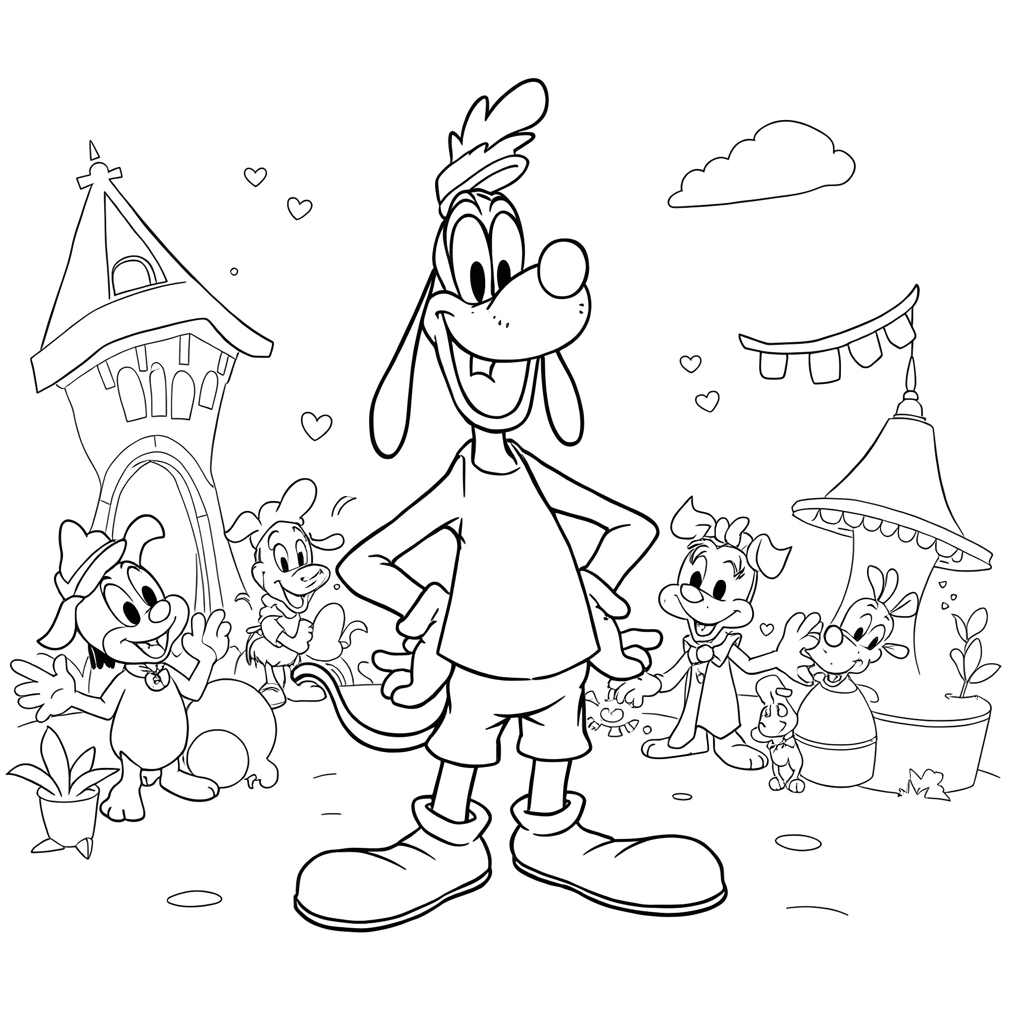 Goofy cartoon characters in a whimsical outdoor scene Coloring Page (free black-and-white line drawing printable PDF for all, from beginners to advanced learners, including children, teens, adults, and seniors)