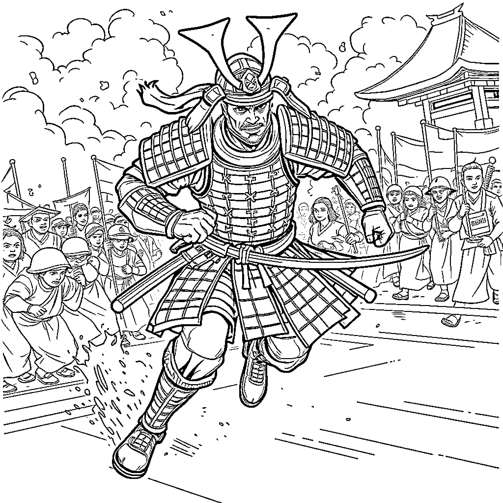 Samurai Warrior in Action Amid Traditional Japanese Scene Coloring Page (free black-and-white line drawing printable PDF for all, from beginners to advanced learners, including children, teens, adults, and seniors)