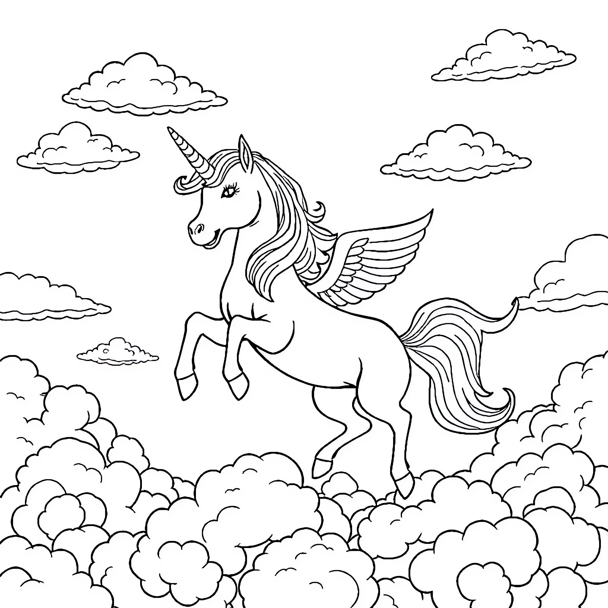 Unicorn soaring through the clouds Coloring Page (free black-and-white line drawing printable PDF for all, from beginners to advanced learners, including children, teens, adults, and seniors)
