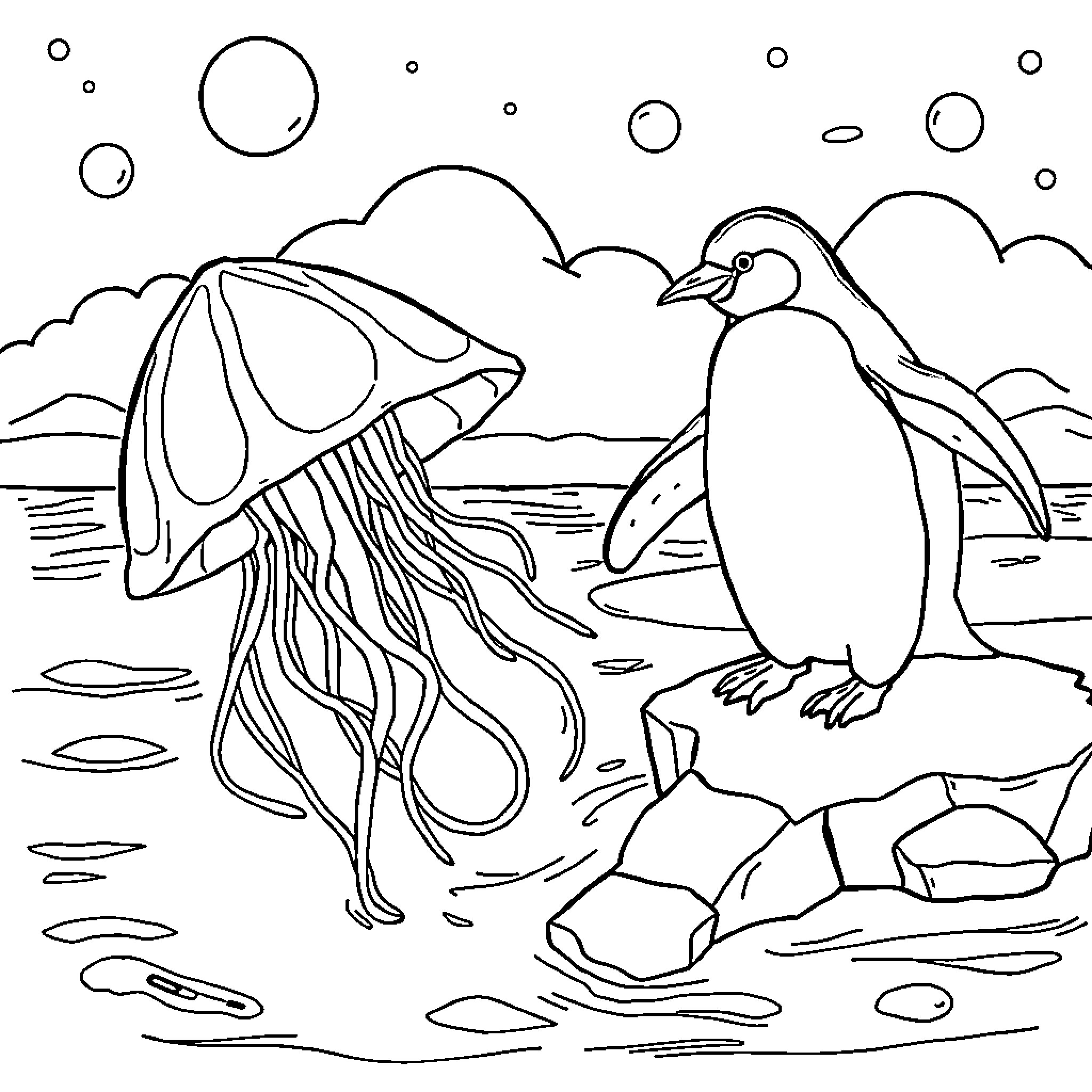 Jellyfish and penguin explore underwater scenery Coloring Page (free black-and-white line drawing printable PDF for all, from beginners to advanced learners, including children, teens, adults, and seniors)