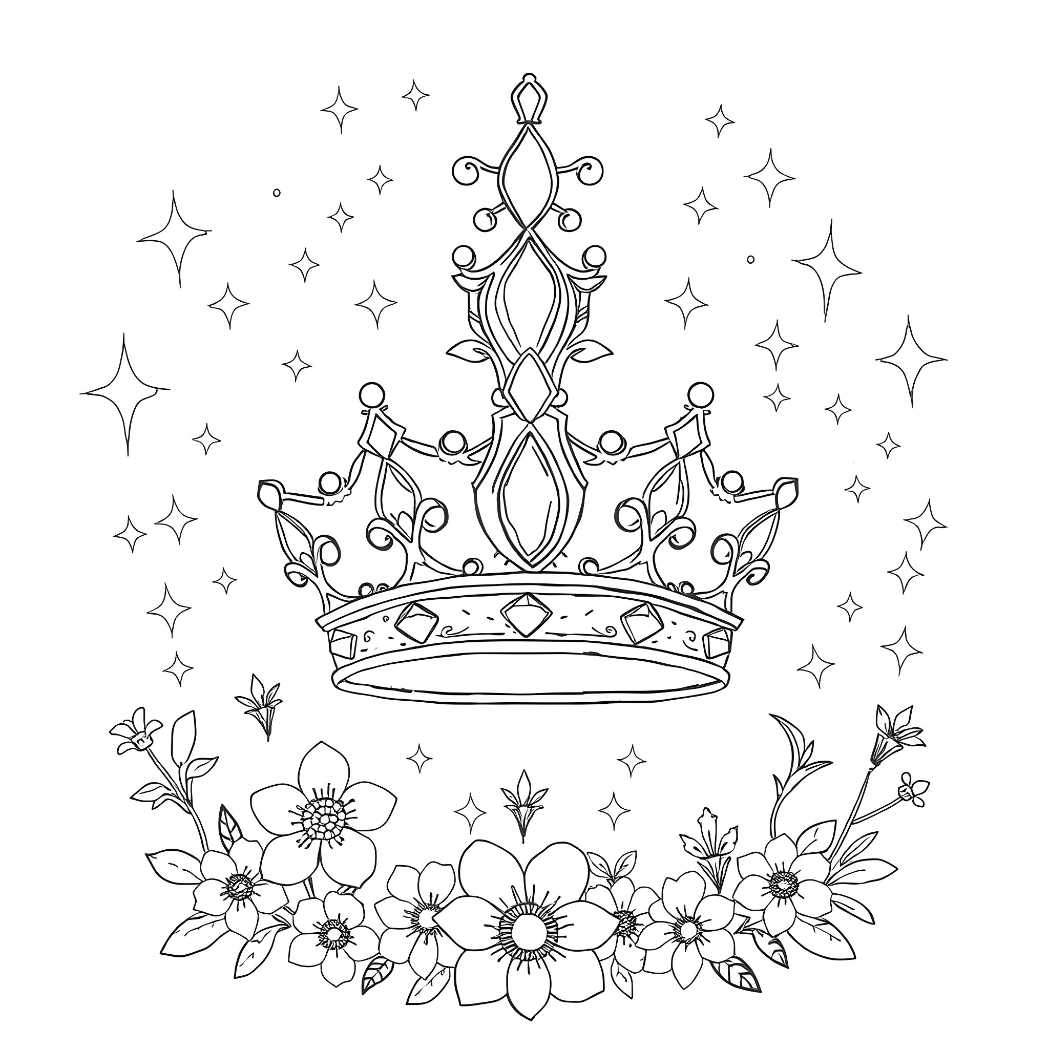 Cinderella's crown and enchanting floral accents Coloring Page (free black-and-white line drawing printable PDF for all, from beginners to advanced learners, including children, teens, adults, and seniors)