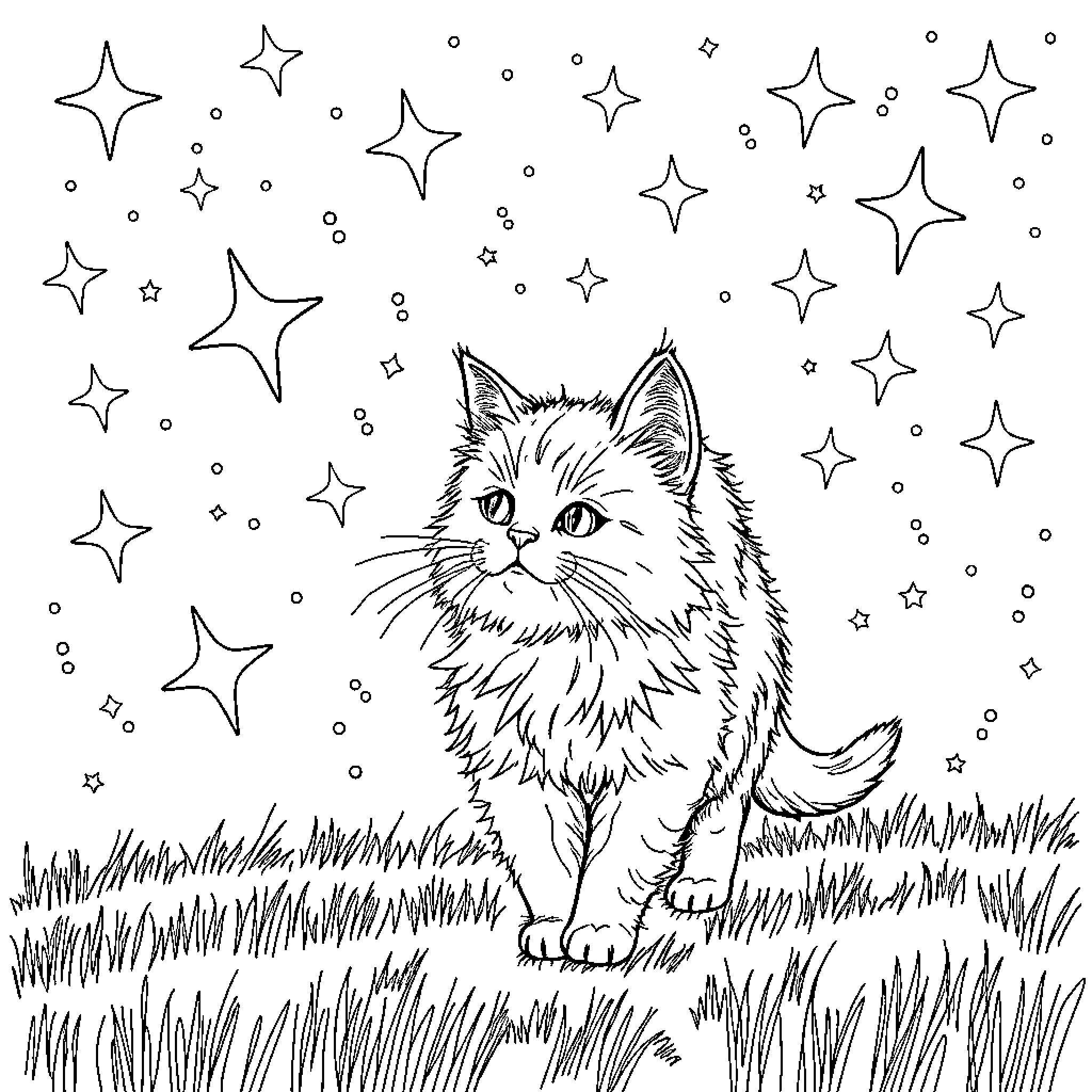 Cat gazing at stars in a starry night Coloring Page (free black-and-white line drawing printable PDF for all, from beginners to advanced learners, including children, teens, adults, and seniors)