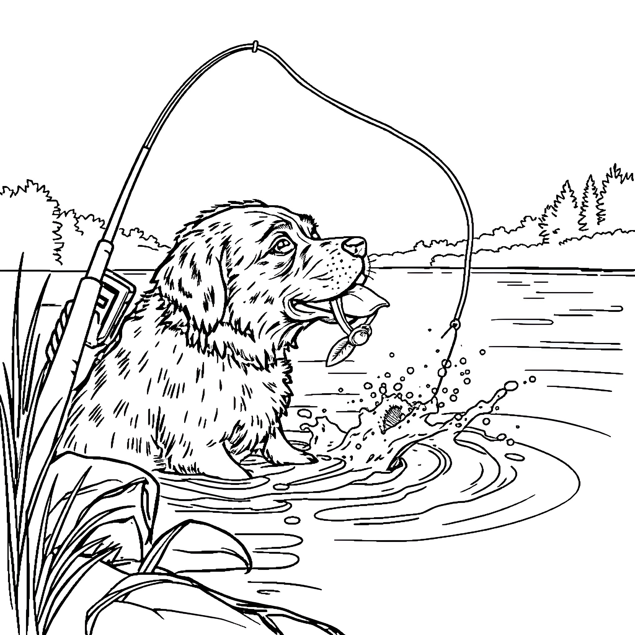 Dog playing happily in the water Coloring Page (free black-and-white line drawing printable PDF for all, from beginners to advanced learners, including children, teens, adults, and seniors)