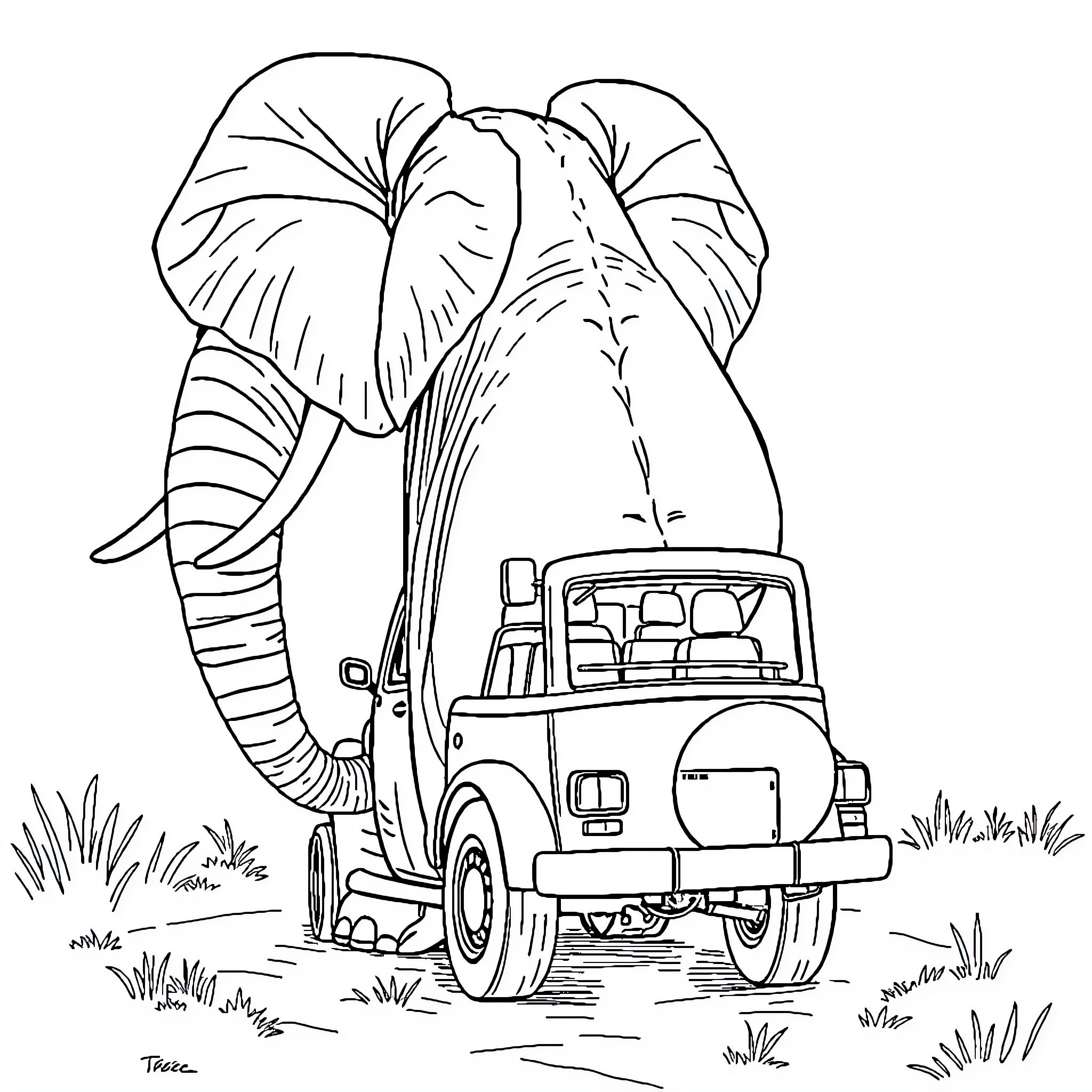 Elephant on a Safari Adventure Coloring Page (free black-and-white line drawing printable PDF for all, from beginners to advanced learners, including children, teens, adults, and seniors)