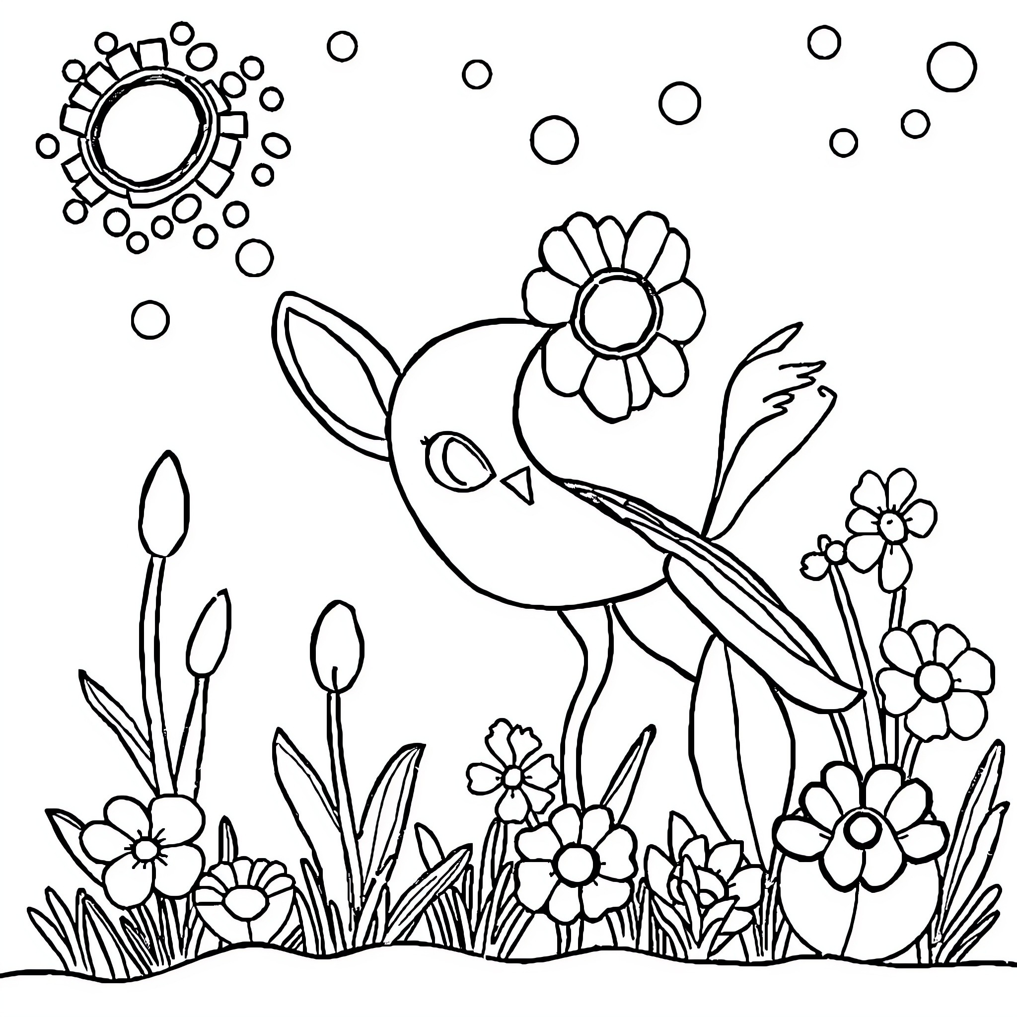Color By Number Playful Bird and Floral Scene Coloring Page (free black-and-white line drawing printable PDF for all, from beginners to advanced learners, including children, teens, adults, and seniors)