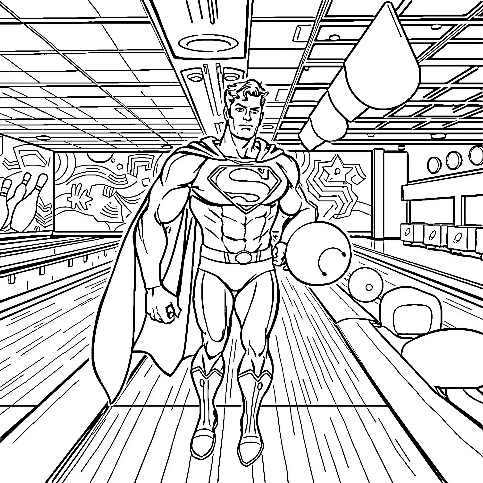 Superman heroically standing in futuristic space Coloring Page (free black-and-white line drawing printable PDF for all, from beginners to advanced learners, including children, teens, adults, and seniors)