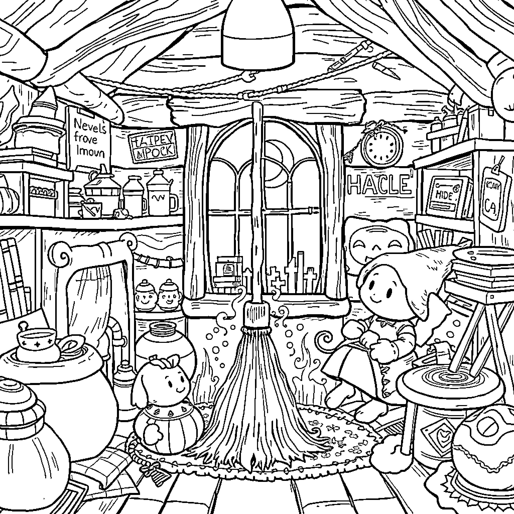 Room on the Broom: Witches' Magical Workshop Coloring Page (free black-and-white line drawing printable PDF for all, from beginners to advanced learners, including children, teens, adults, and seniors)
