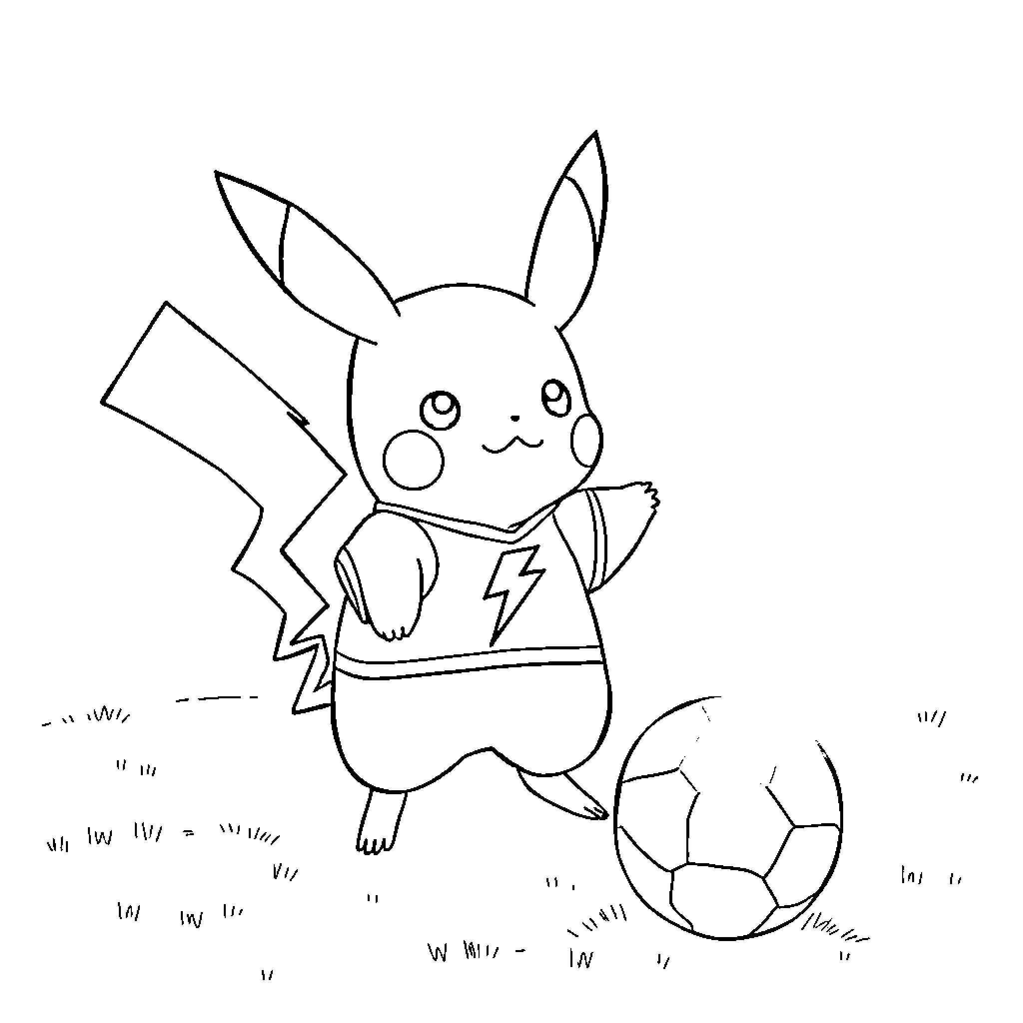 Pikachu playing with a soccer ball Coloring Page (free black-and-white line drawing printable PDF for all, from beginners to advanced learners, including children, teens, adults, and seniors)