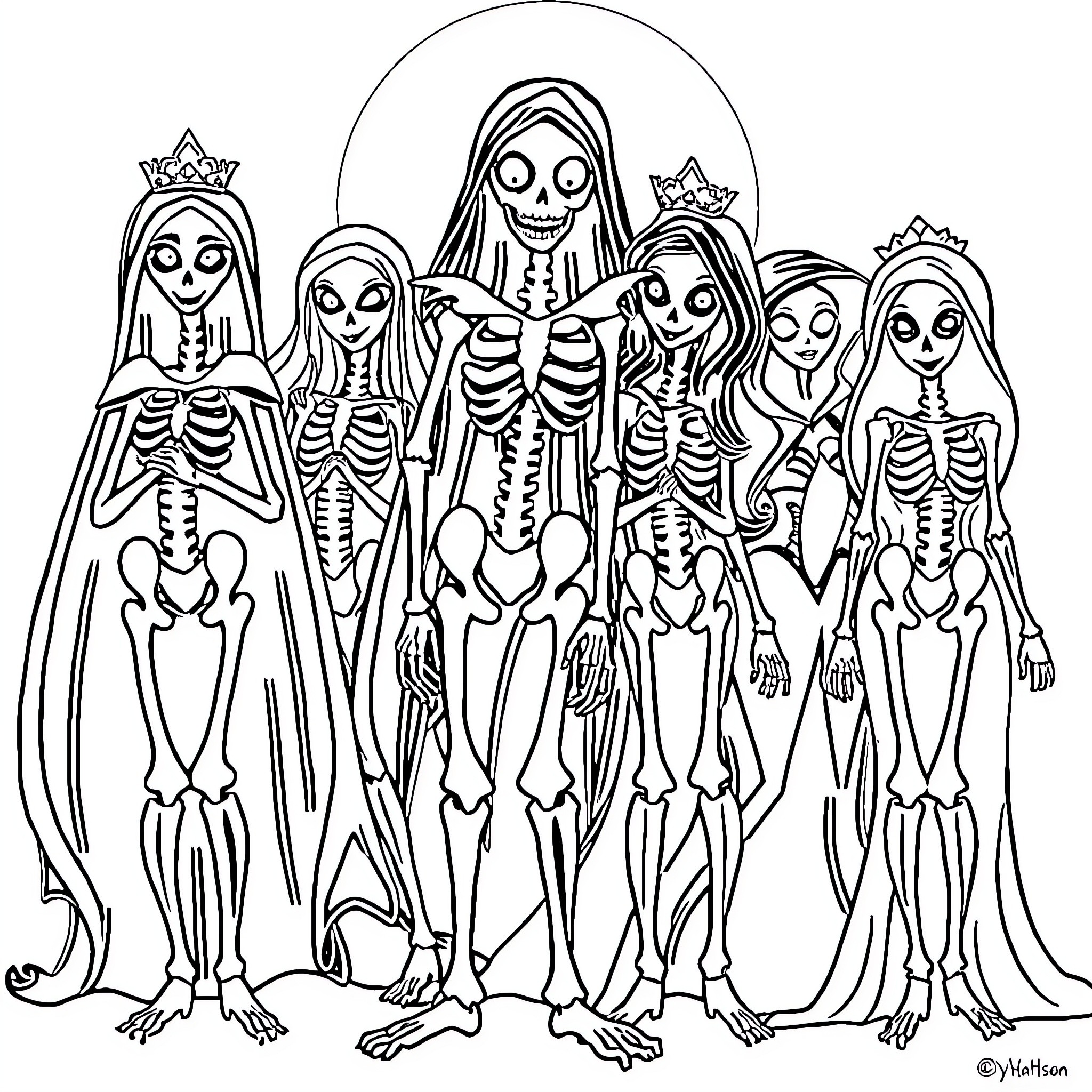 Disney Princess Skeleton Gathering Coloring Page (free black-and-white line drawing printable PDF for all, from beginners to advanced learners, including children, teens, adults, and seniors)