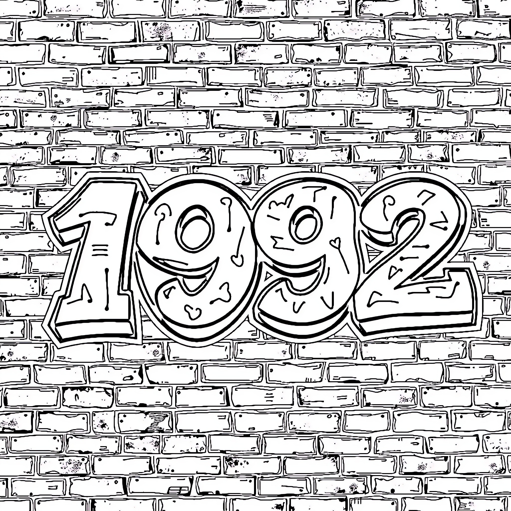 Graffiti with playful numeric expressions on brick wall Coloring Page (free black-and-white line drawing printable PDF for all, from beginners to advanced learners, including children, teens, adults, and seniors)