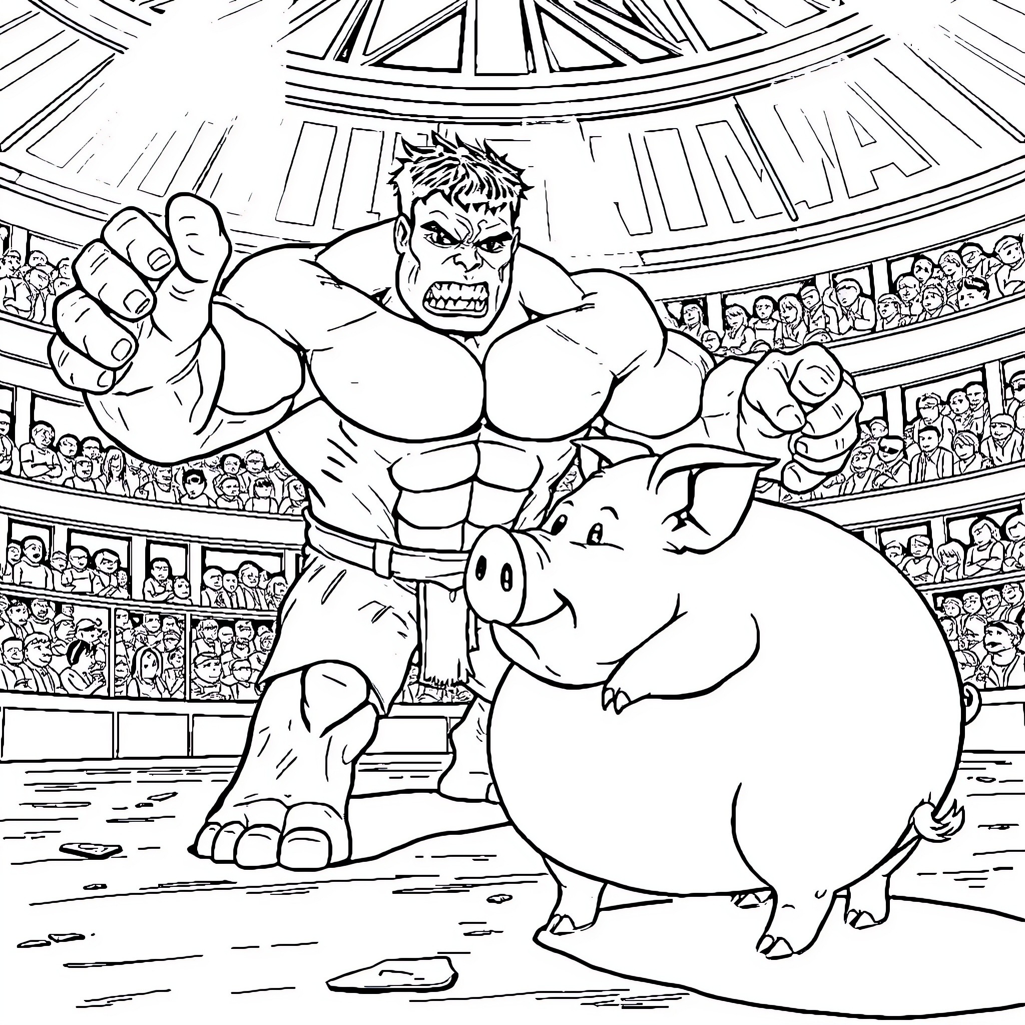 Pig wrestling with fierce opponent in wrestling arena Coloring Page (free black-and-white line drawing printable PDF for all, from beginners to advanced learners, including children, teens, adults, and seniors)