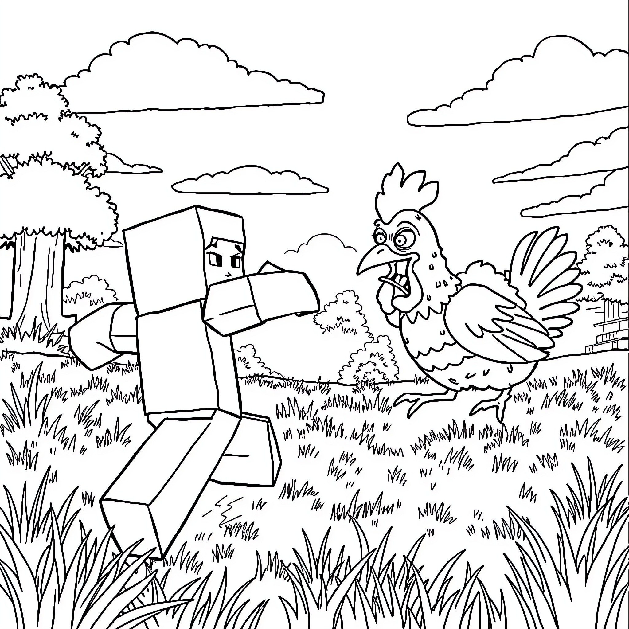 Steve's Playful Farmyard Adventure Coloring Page (free black-and-white line drawing printable PDF for all, from beginners to advanced learners, including children, teens, adults, and seniors)