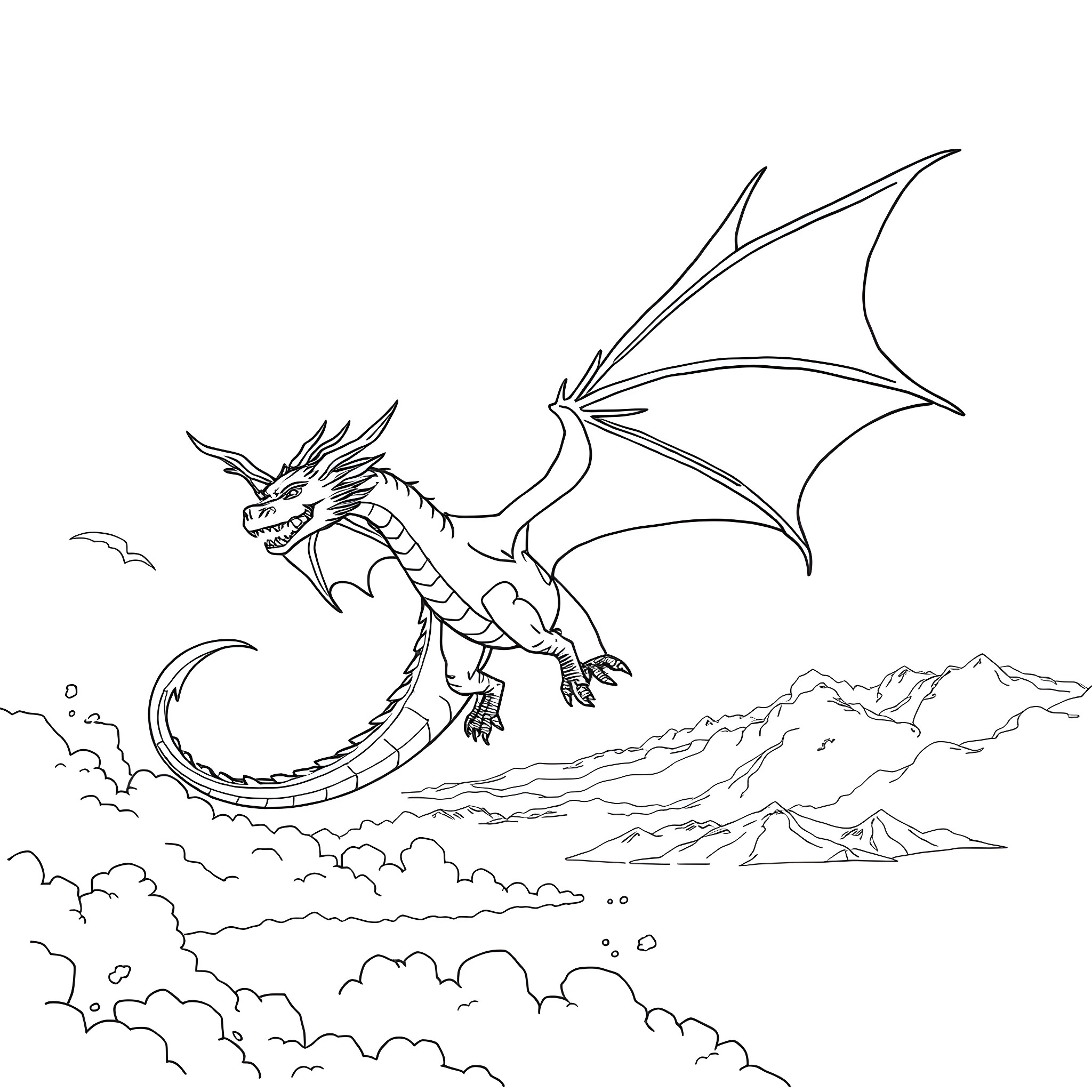 Dragon soaring through the skies above a rugged landscape Coloring Page (free black-and-white line drawing printable PDF for all, from beginners to advanced learners, including children, teens, adults, and seniors)