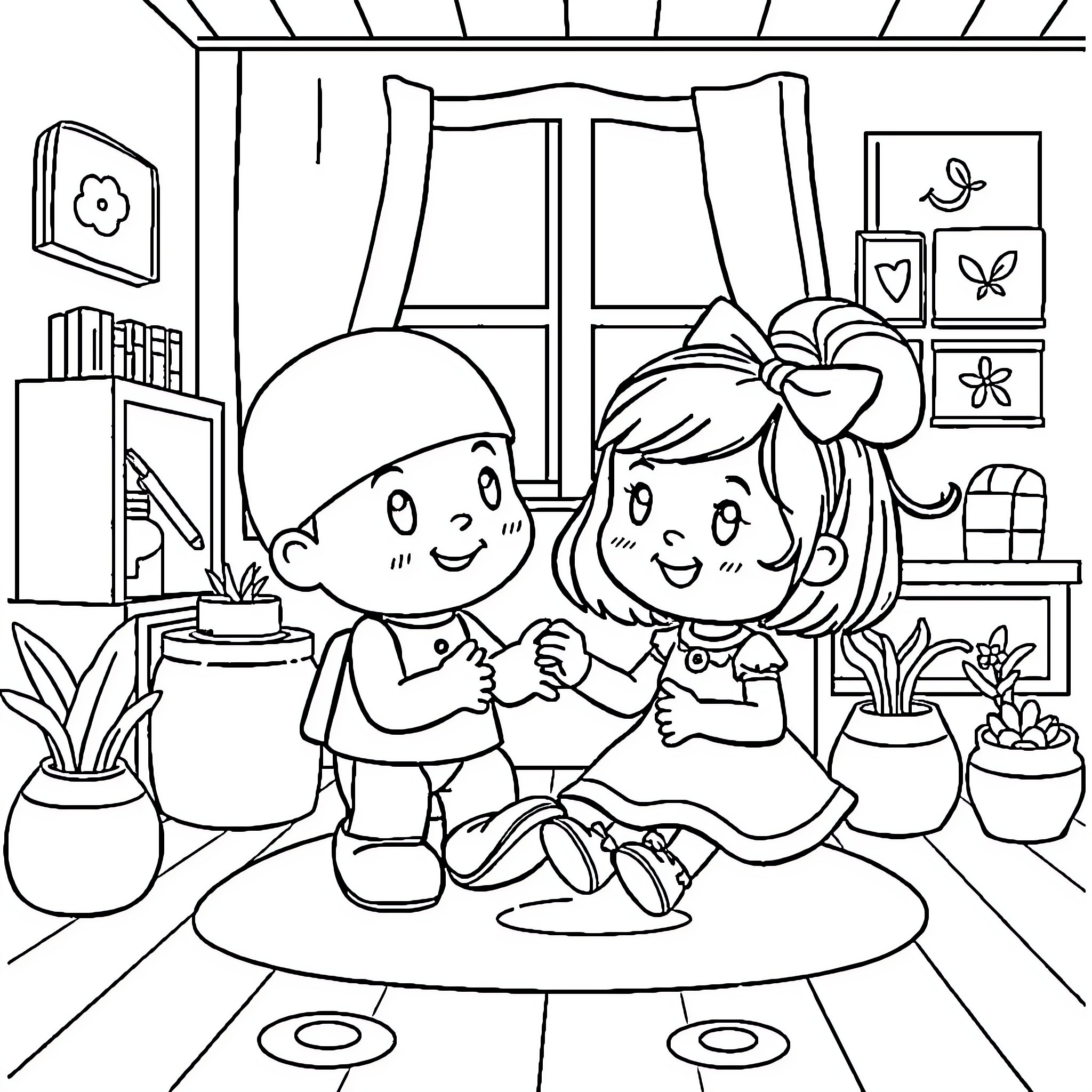 Pocoyo and Friend Enjoying Playtime Together Coloring Page (free black-and-white line drawing printable PDF for all, from beginners to advanced learners, including children, teens, adults, and seniors)