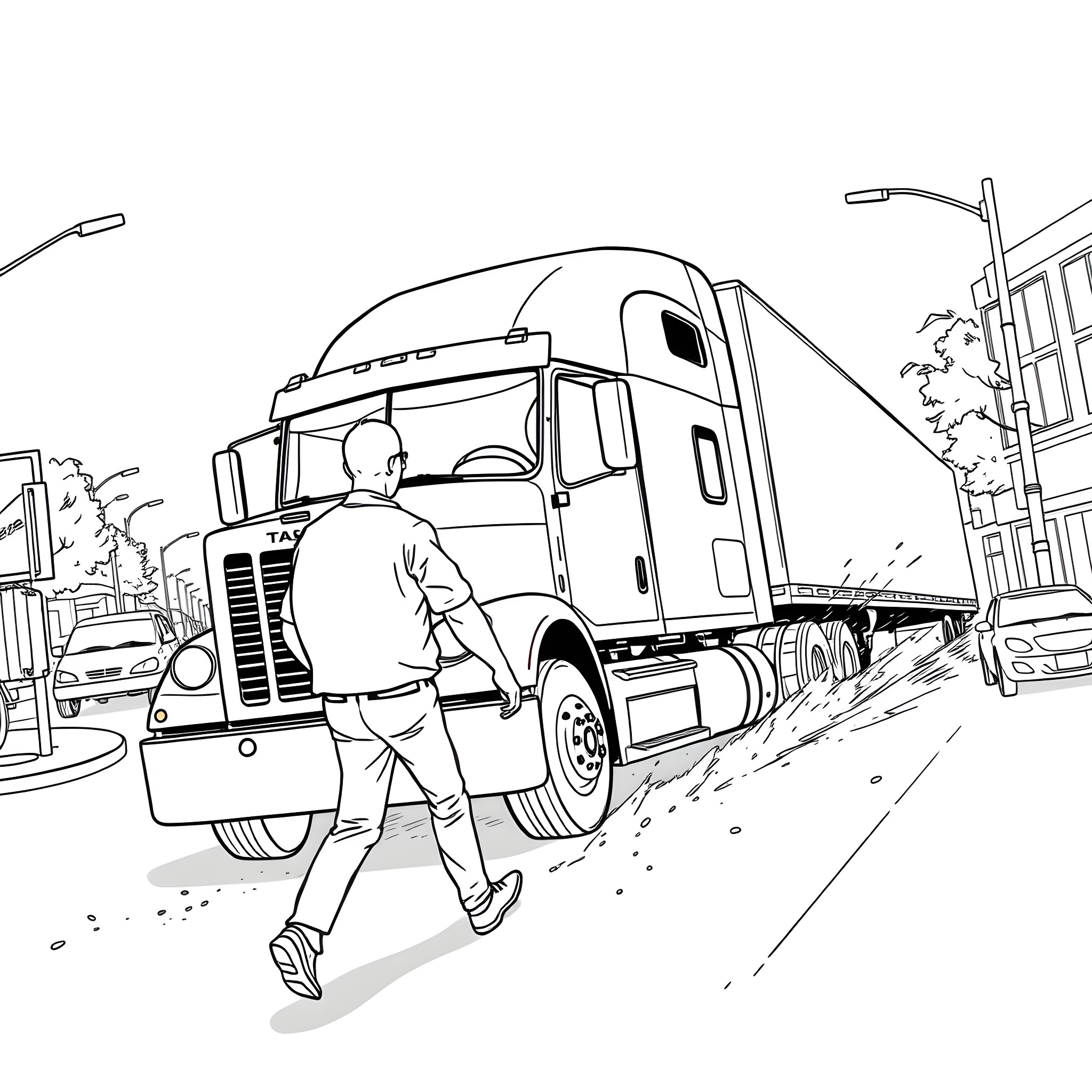 Guy walking near large cargo truck on city street Coloring Page (free black-and-white line drawing printable PDF for all, from beginners to advanced learners, including children, teens, adults, and seniors)