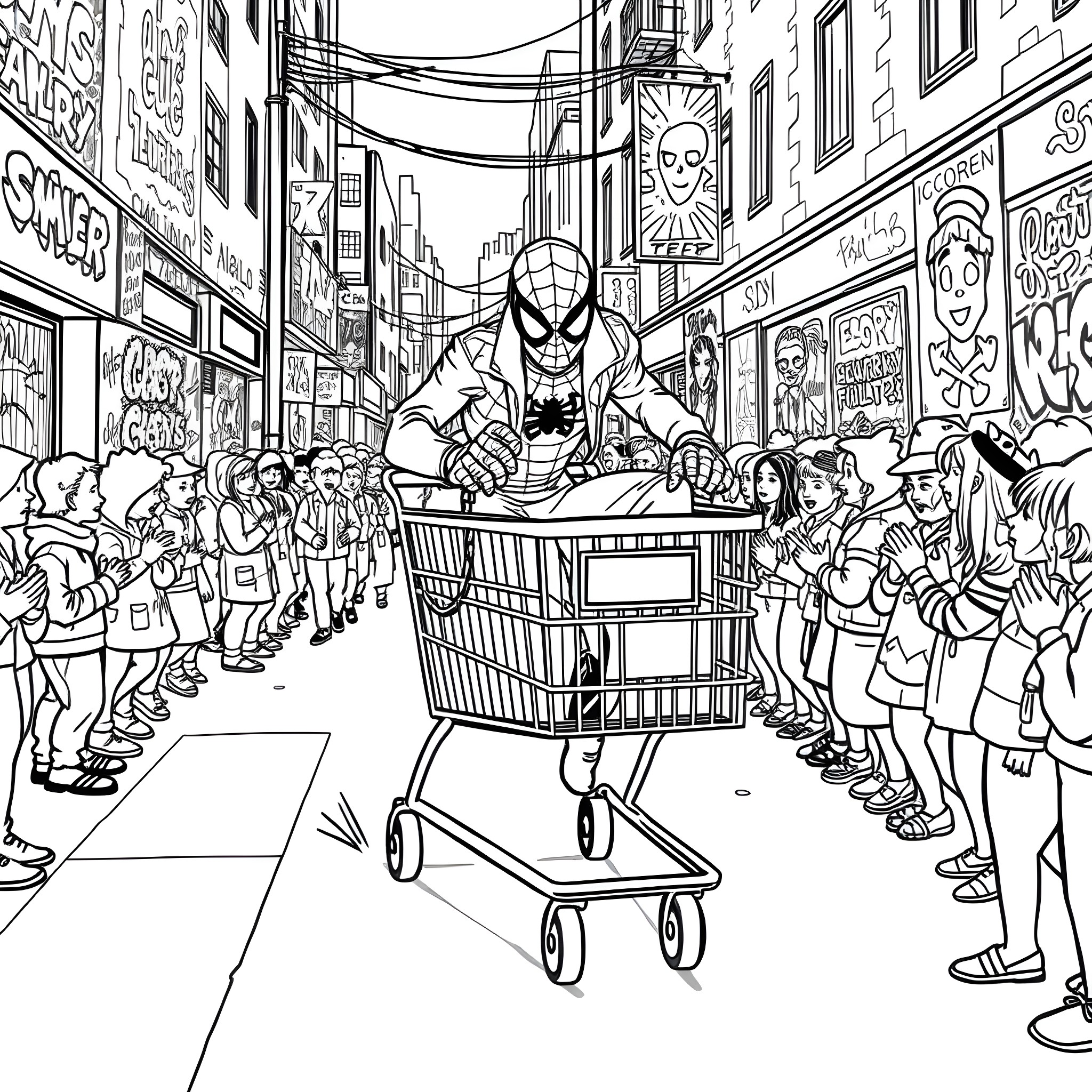 Spider Punk's Eccentric Shopping Spree in the City Coloring Page (free black-and-white line drawing printable PDF for all, from beginners to advanced learners, including children, teens, adults, and seniors)