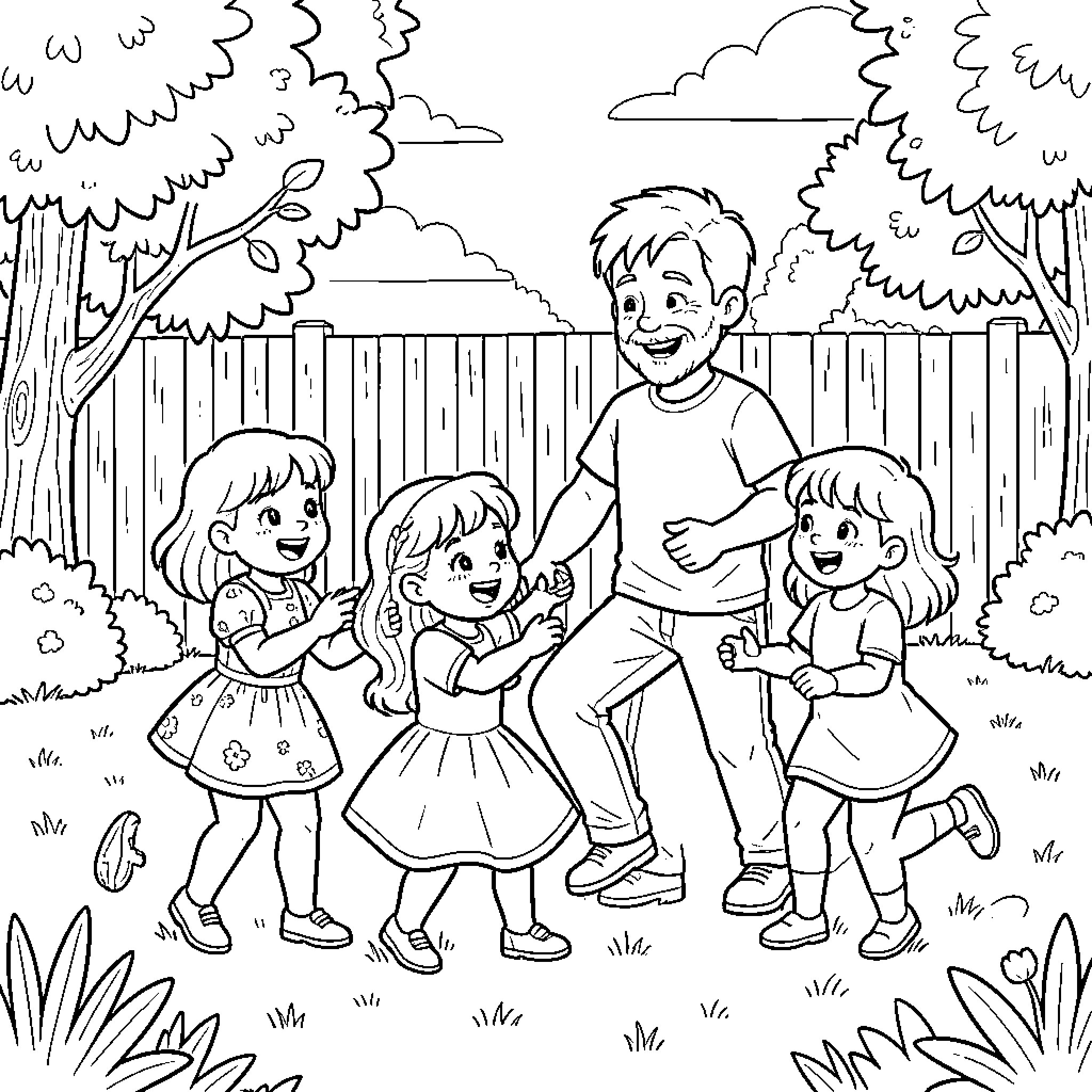 Daughter and father playing joyfully in the backyard Coloring Page (free black-and-white line drawing printable PDF for all, from beginners to advanced learners, including children, teens, adults, and seniors)