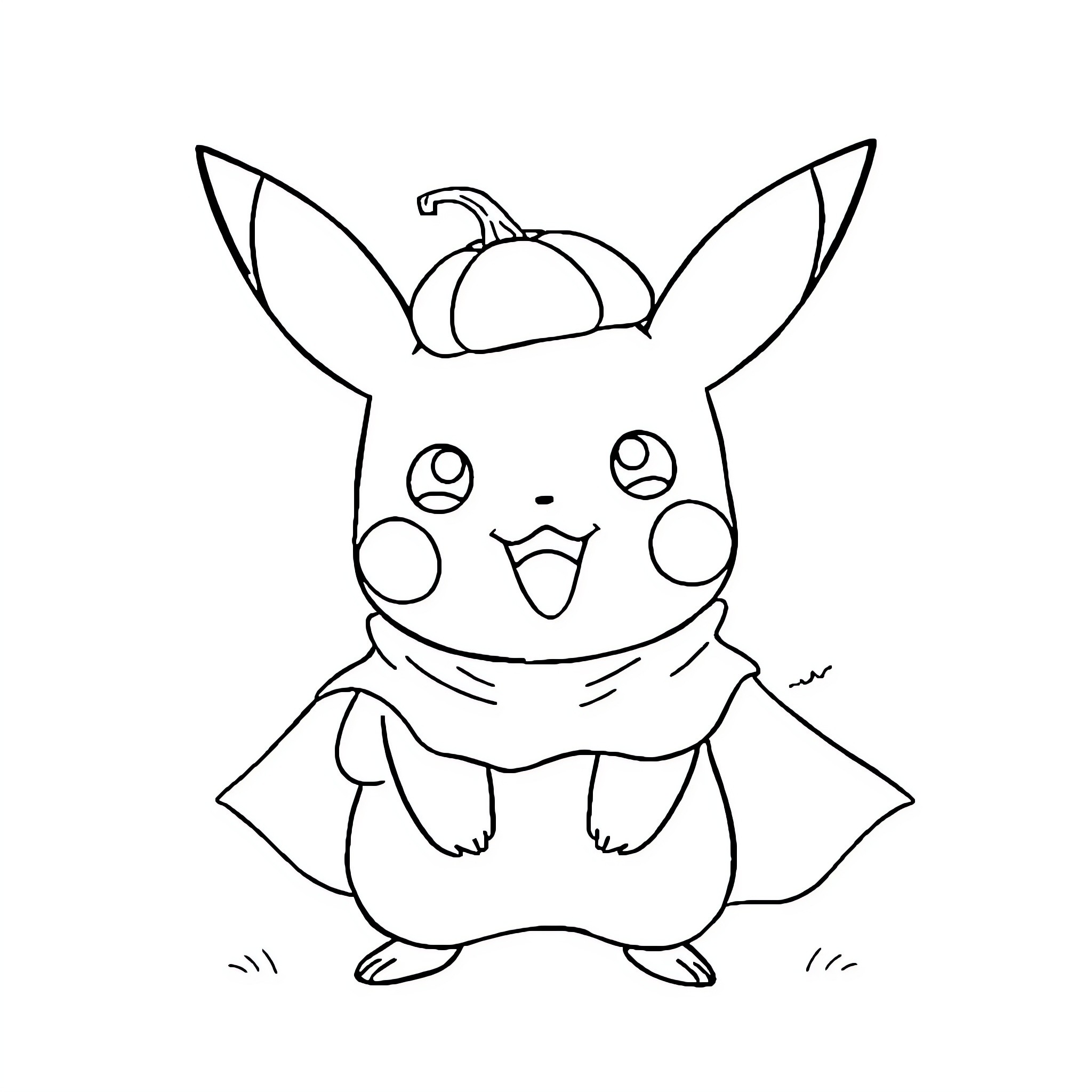 Pikachu wearing a pumpkin costume and making a happy expression Coloring Page (free black-and-white line drawing printable PDF for all, from beginners to advanced learners, including children, teens, adults, and seniors)