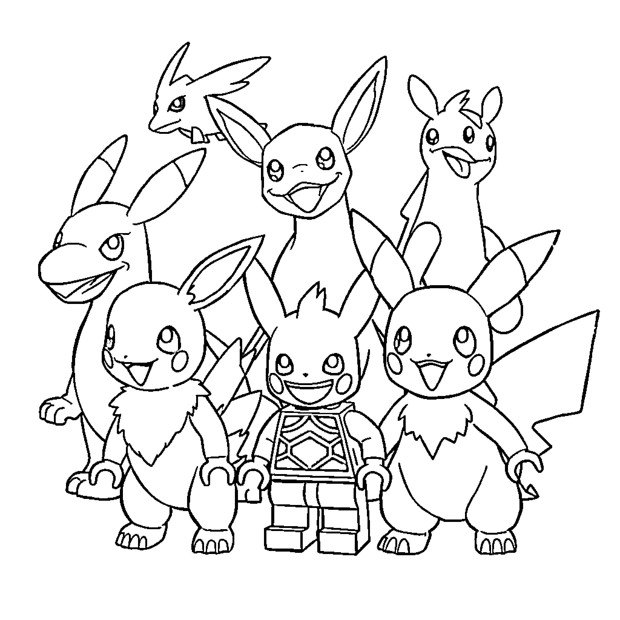 Pokémon characters posing together Coloring Page (free black-and-white line drawing printable PDF for all, from beginners to advanced learners, including children, teens, adults, and seniors)