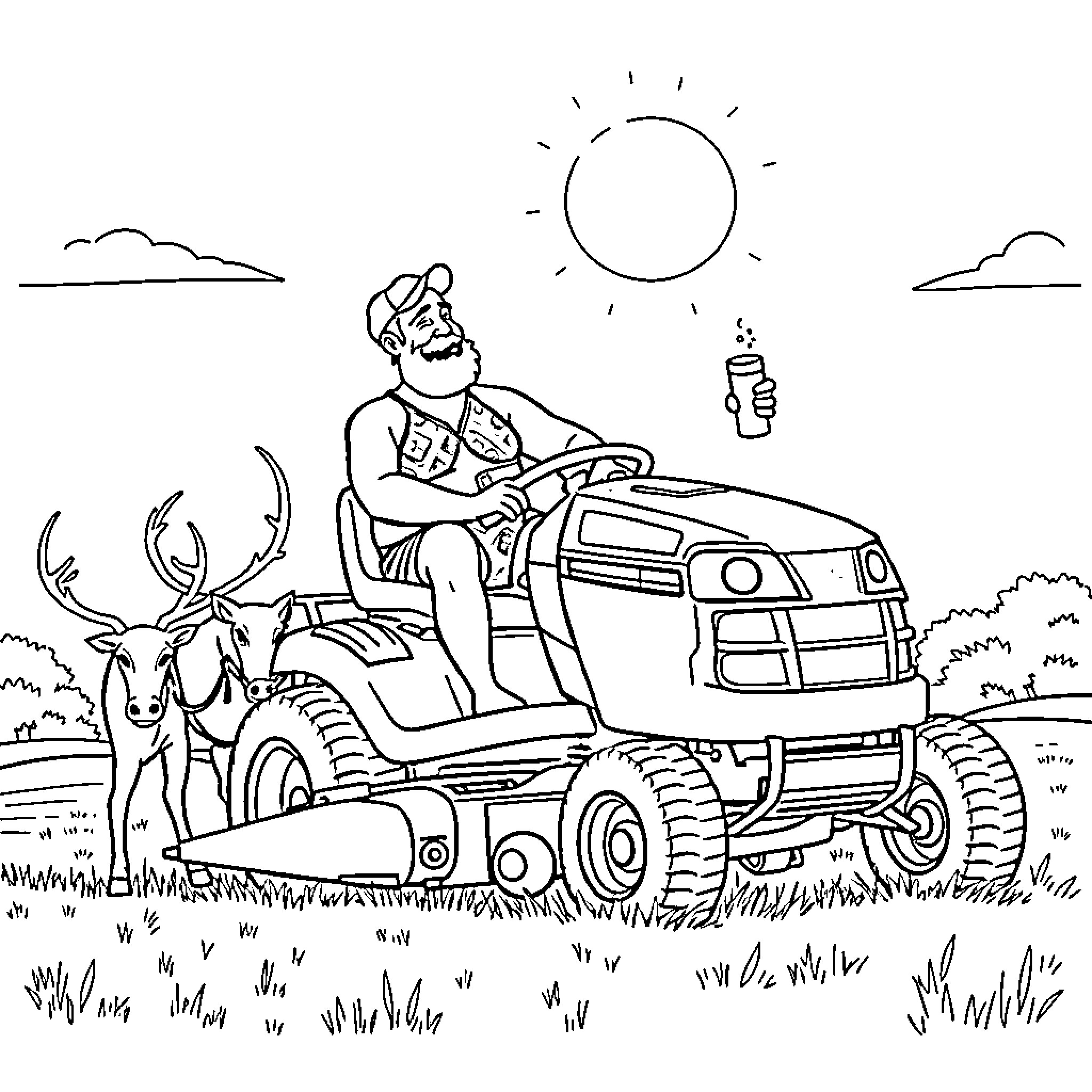 Papa mowing the lawn on his lawn mower Coloring Page (free black-and-white line drawing printable PDF for all, from beginners to advanced learners, including children, teens, adults, and seniors)