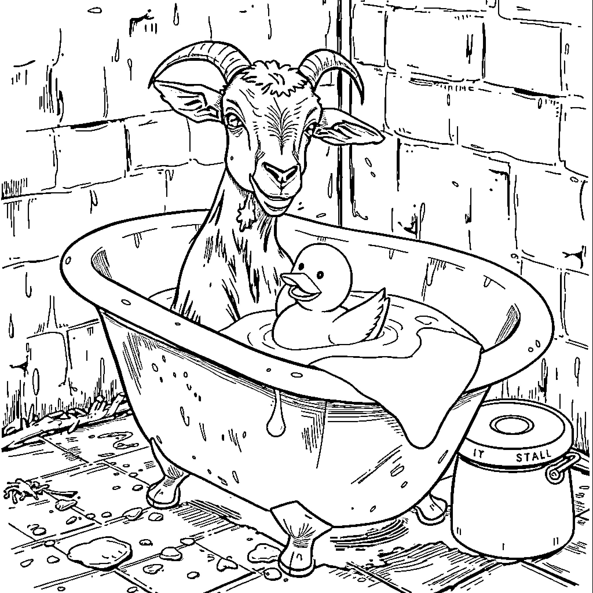 Goat relaxing with a rubber duck in the bath Coloring Page (free black-and-white line drawing printable PDF for all, from beginners to advanced learners, including children, teens, adults, and seniors)