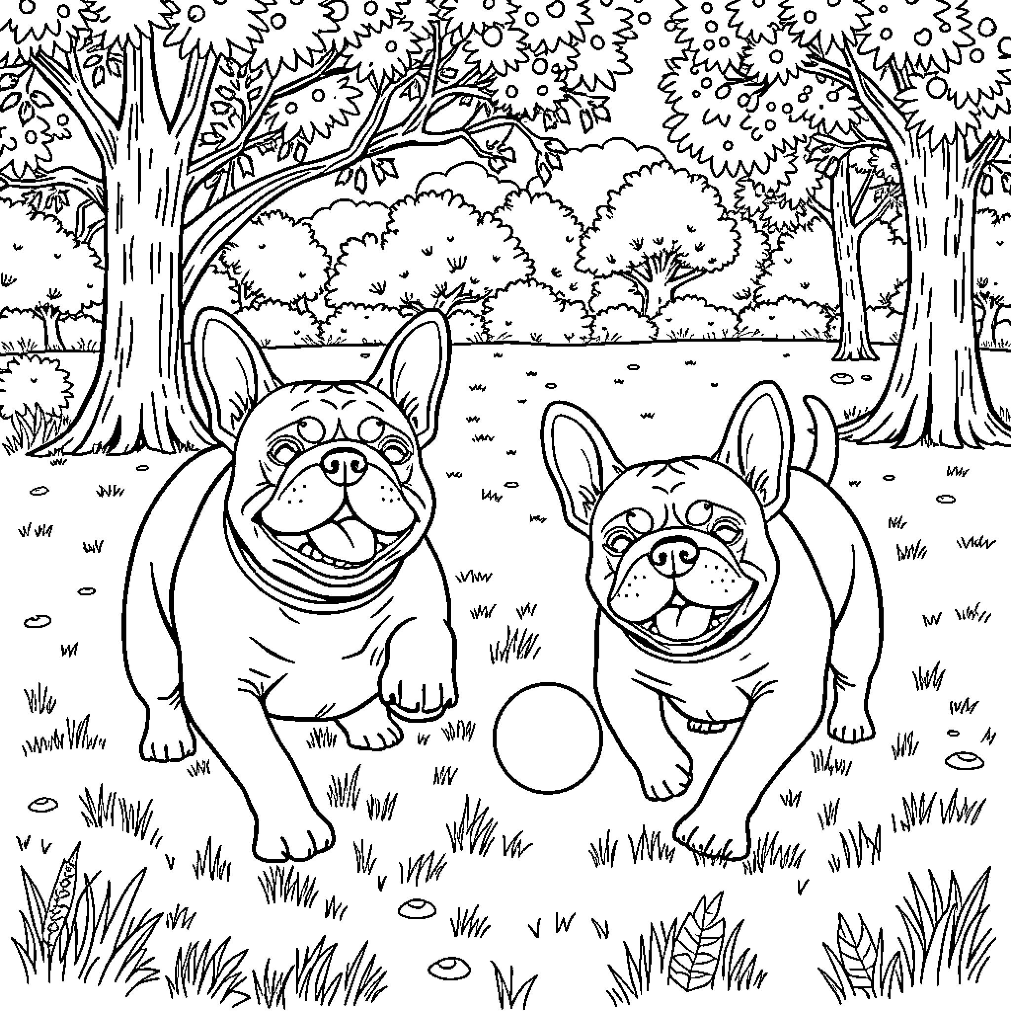 Bulldogs playing joyfully in the park Coloring Page (free black-and-white line drawing printable PDF for all, from beginners to advanced learners, including children, teens, adults, and seniors)