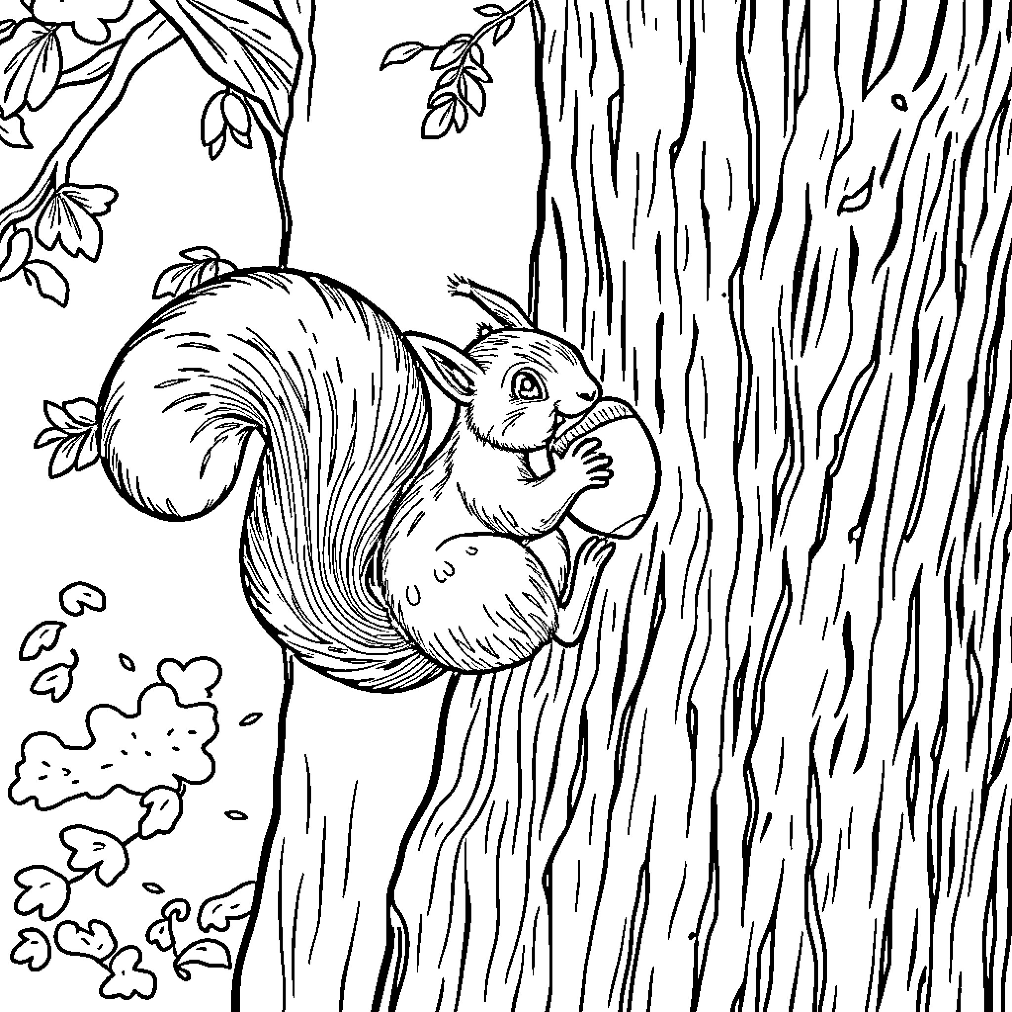 Squirrel Enjoying Snack on Tree Trunk Coloring Page (free black-and-white line drawing printable PDF for all, from beginners to advanced learners, including children, teens, adults, and seniors)