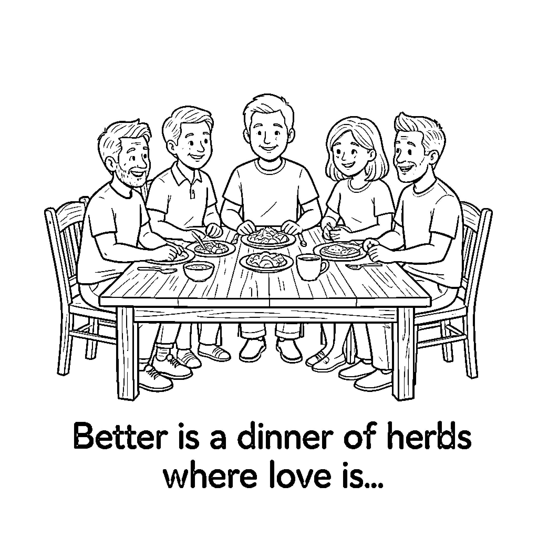 Family enjoys meal together with love and togetherness Coloring Page (free black-and-white line drawing printable PDF for all, from beginners to advanced learners, including children, teens, adults, and seniors)