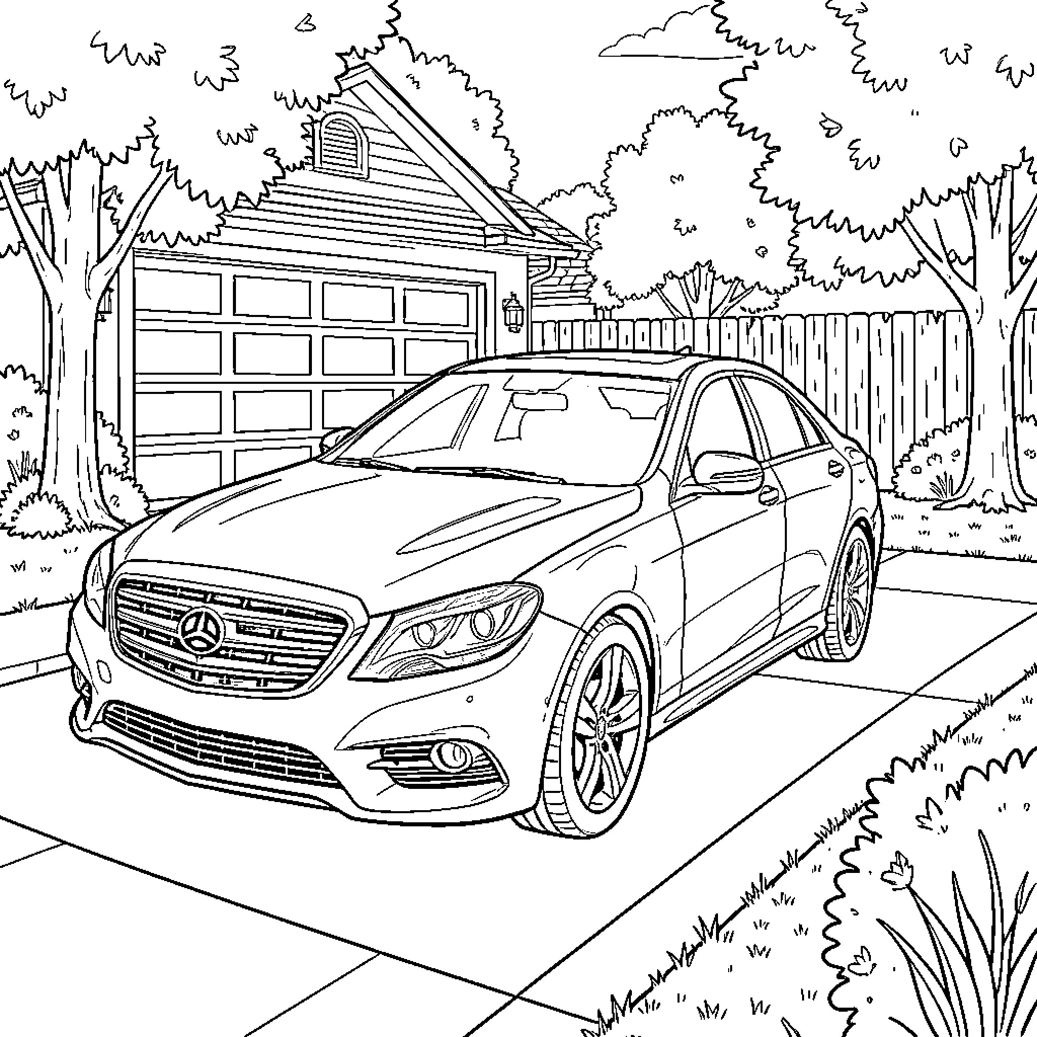Car parked in a driveway near a house Coloring Page (free black-and-white line drawing printable PDF for all, from beginners to advanced learners, including children, teens, adults, and seniors)