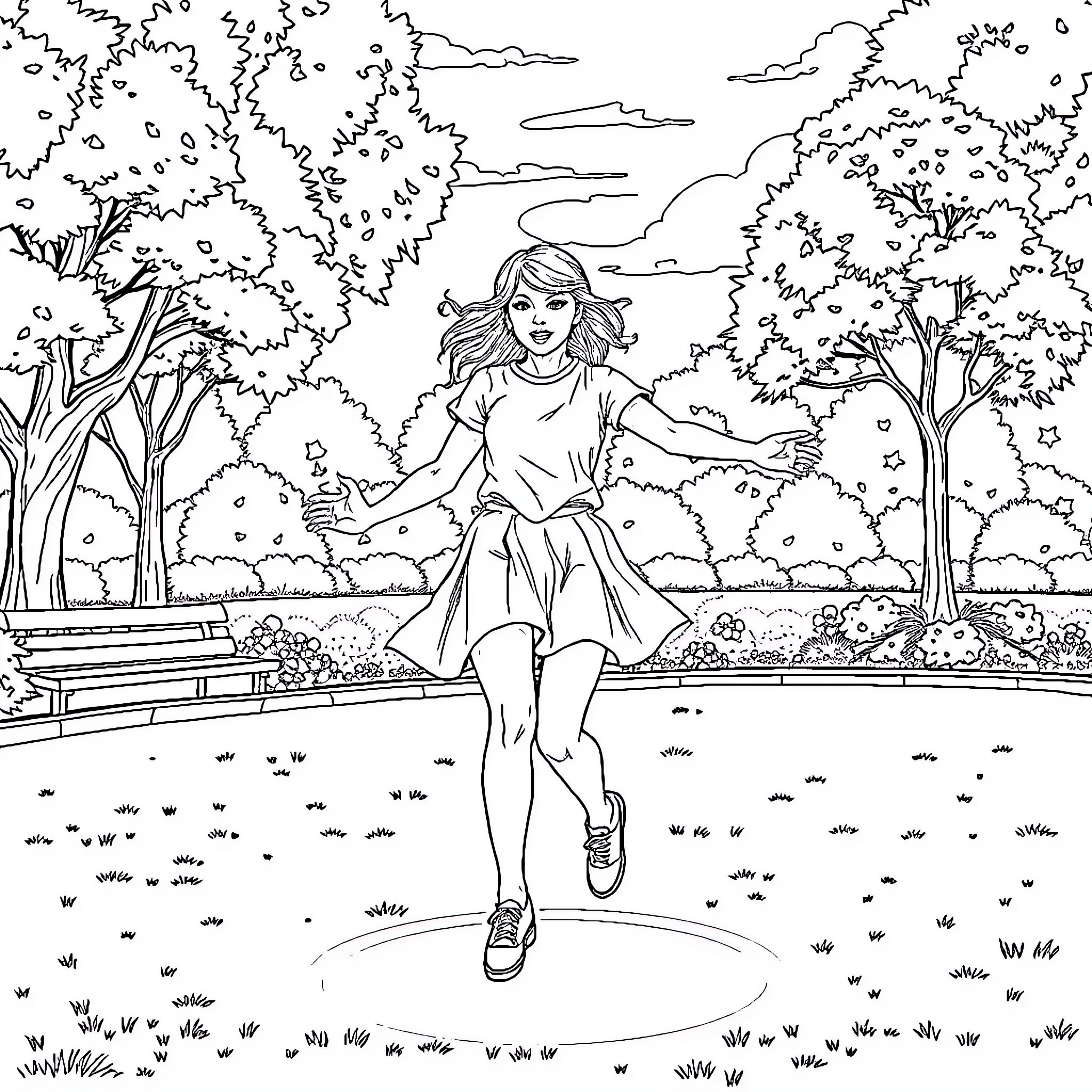 Taylor Swift enjoying a serene walk in the park Coloring Page (free black-and-white line drawing printable PDF for all, from beginners to advanced learners, including children, teens, adults, and seniors)