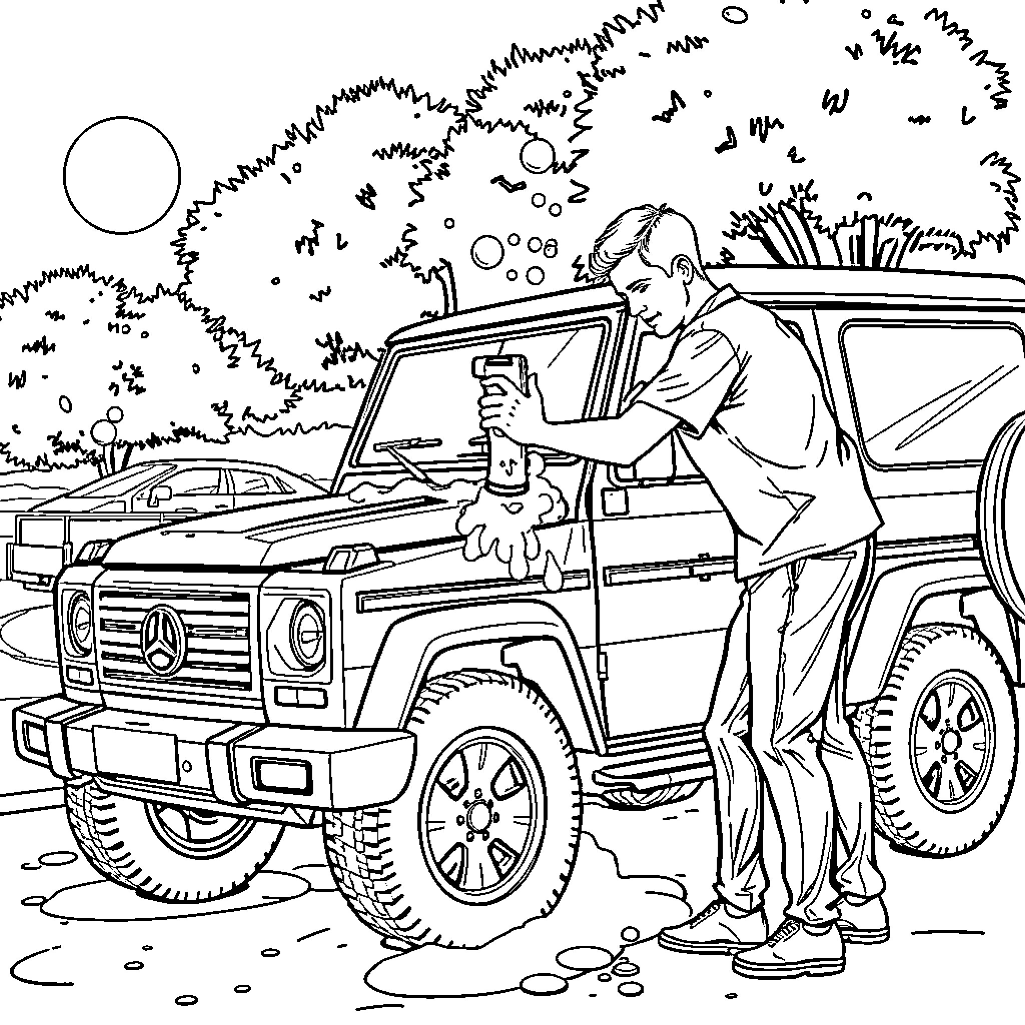 Sydney Sweeney enjoying outdoor adventure with rugged vehicle Coloring Page (free black-and-white line drawing printable PDF for all, from beginners to advanced learners, including children, teens, adults, and seniors)