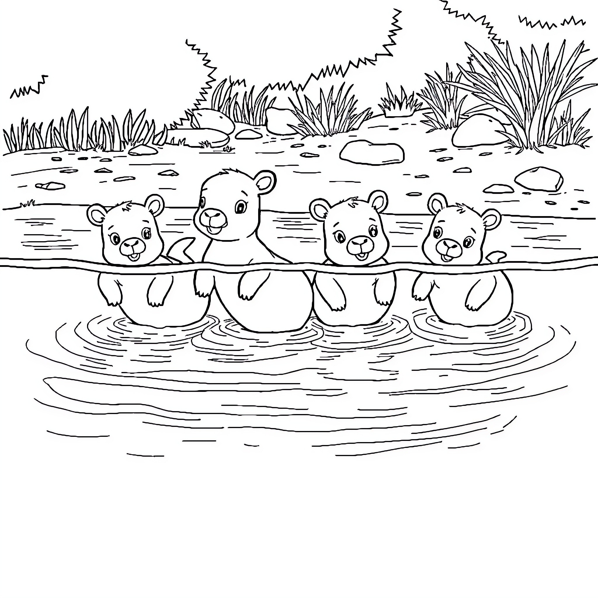 Capybara family swimming in the pond Coloring Page (free black-and-white line drawing printable PDF for all, from beginners to advanced learners, including children, teens, adults, and seniors)