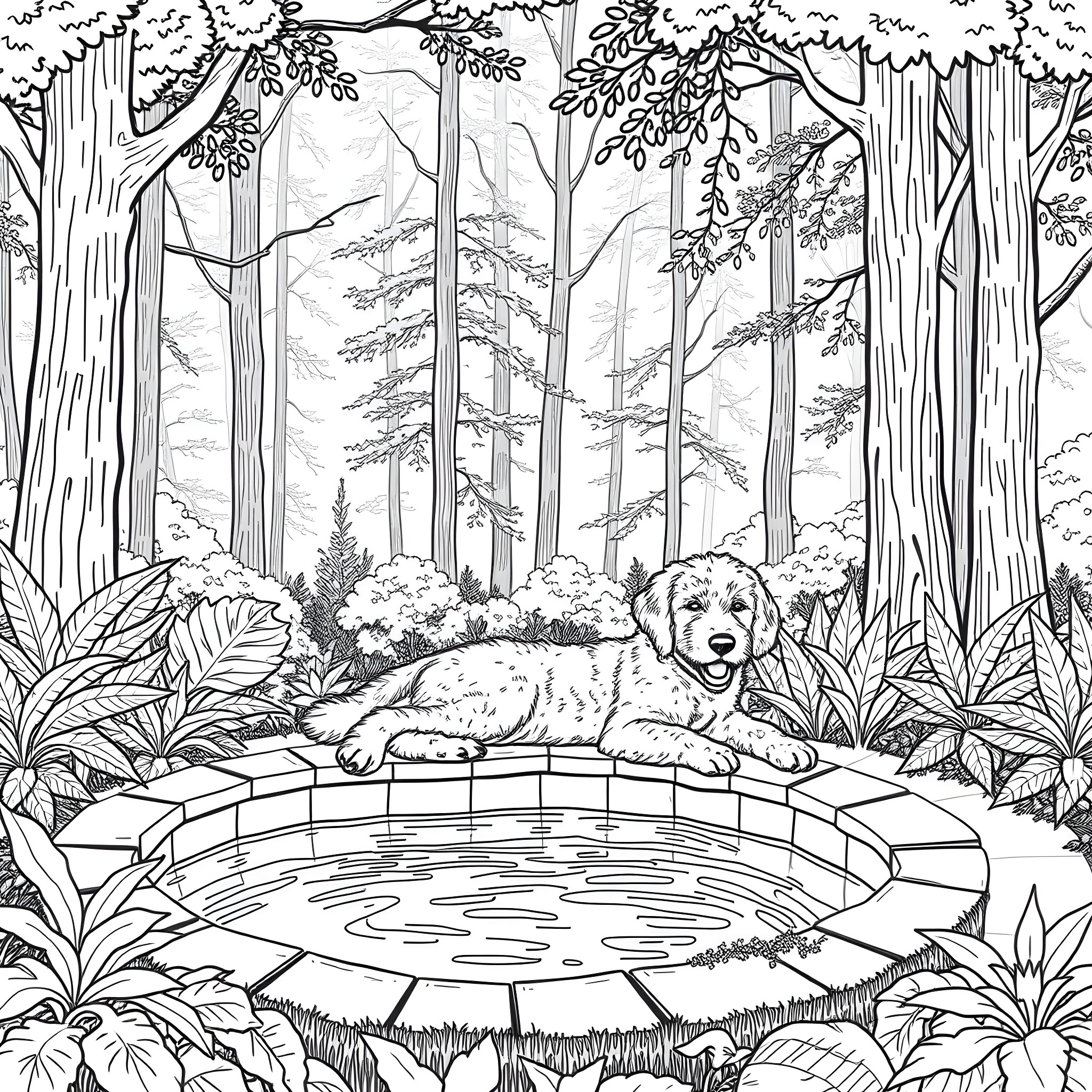 Labradoodle relaxing by a tranquil pond in the forest Coloring Page (free black-and-white line drawing printable PDF for all, from beginners to advanced learners, including children, teens, adults, and seniors)