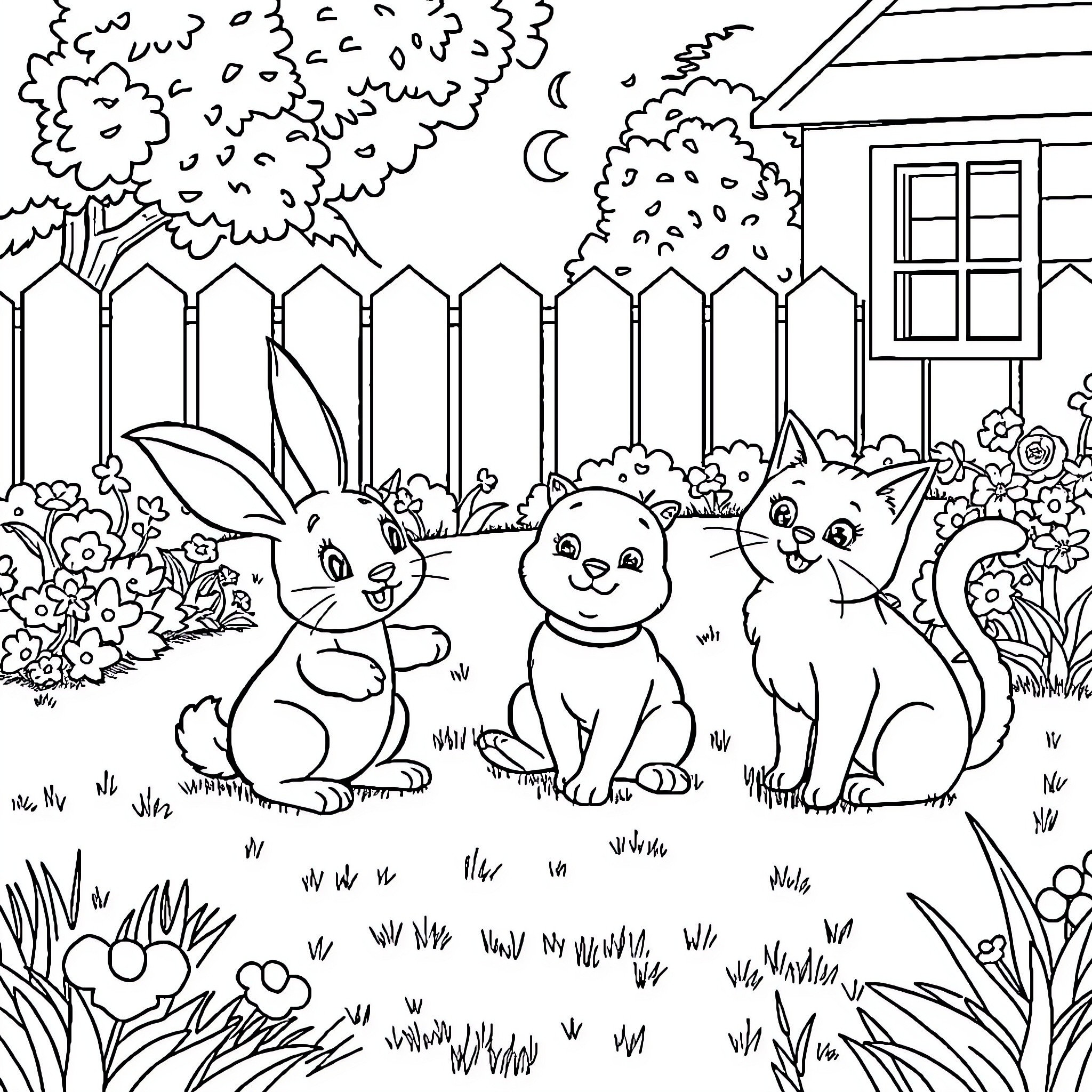 Rabbit, Dog, and Cat Enjoying a Peaceful Backyard Scene Coloring Page (free black-and-white line drawing printable PDF for all, from beginners to advanced learners, including children, teens, adults, and seniors)