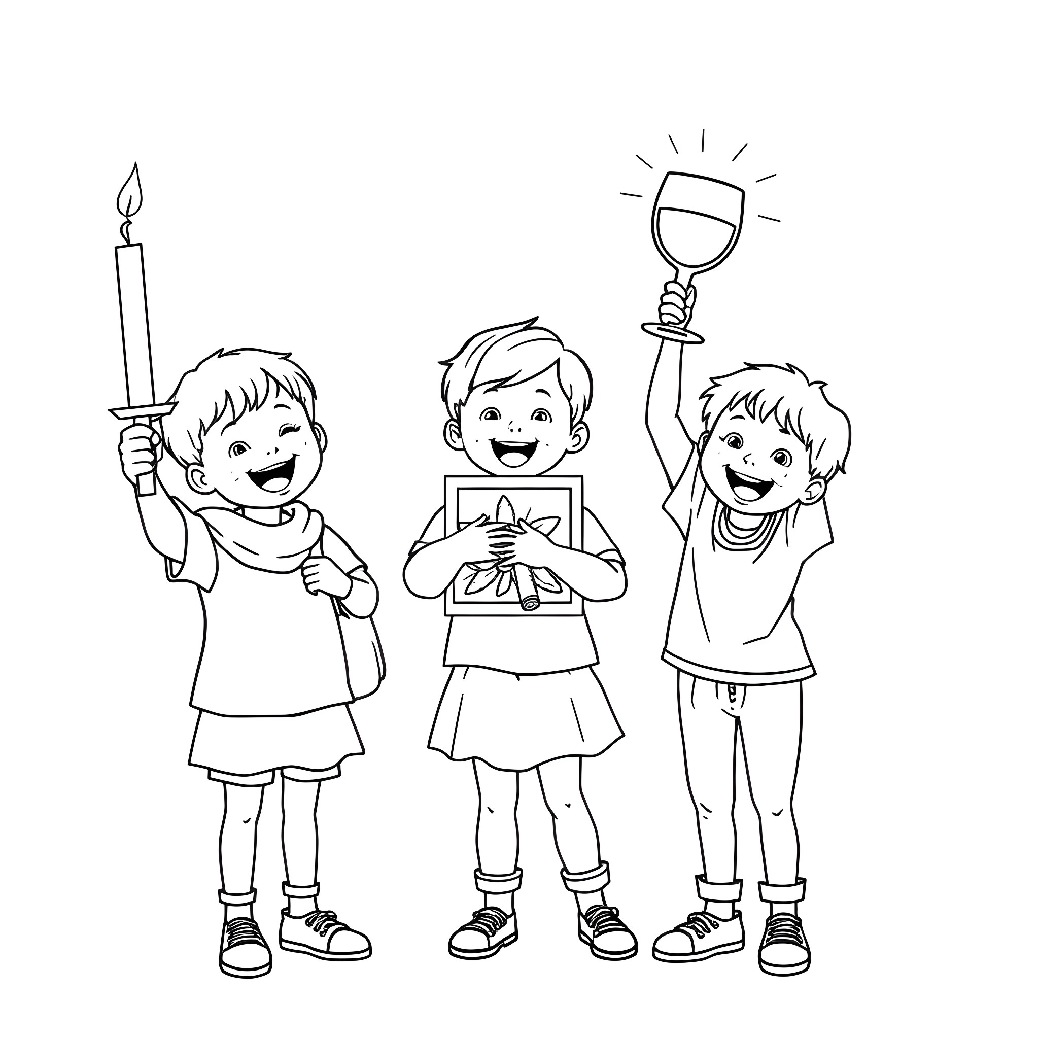 Kids celebrating with candle, gift, and cup Coloring Page (free black-and-white line drawing printable PDF for all, from beginners to advanced learners, including children, teens, adults, and seniors)