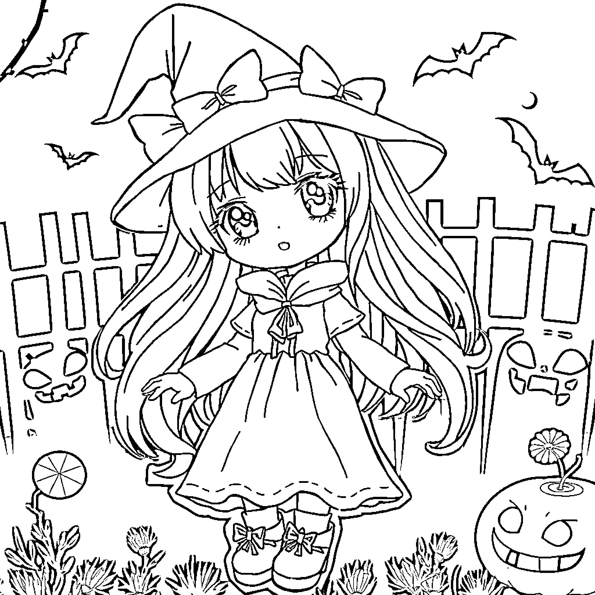 Anime Doll in Witch Costume with Pumpkins and Bats Coloring Page (free black-and-white line drawing printable PDF for all, from beginners to advanced learners, including children, teens, adults, and seniors)