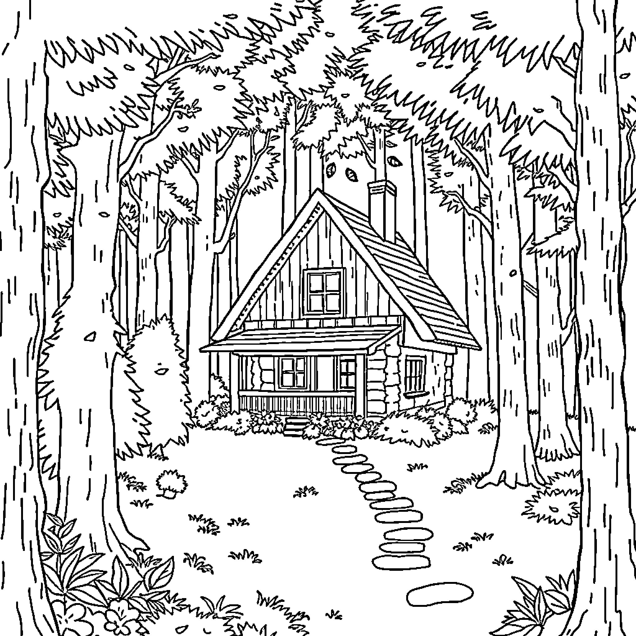 House in the Woods with Stone Path Coloring Page (free black-and-white line drawing printable PDF for all, from beginners to advanced learners, including children, teens, adults, and seniors)