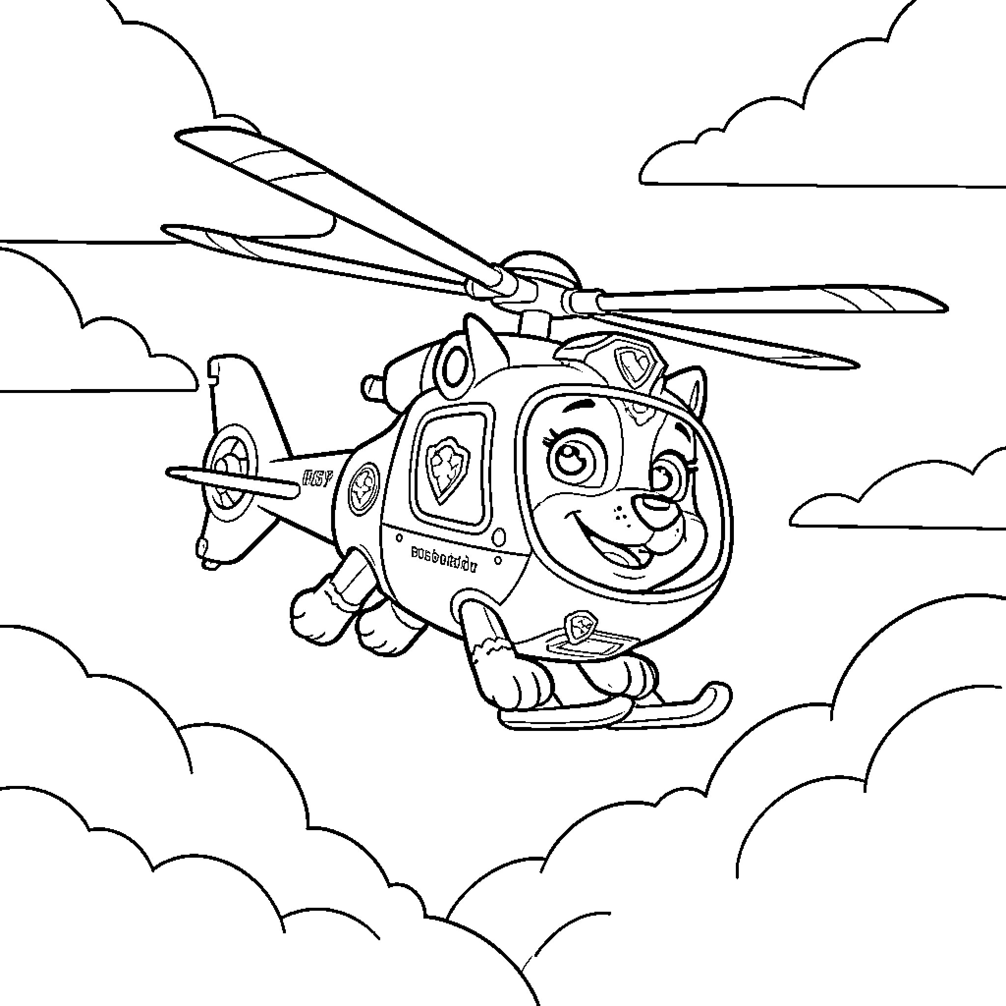 Skye flying her helicopter through the clouds Coloring Page (free black-and-white line drawing printable PDF for all, from beginners to advanced learners, including children, teens, adults, and seniors)