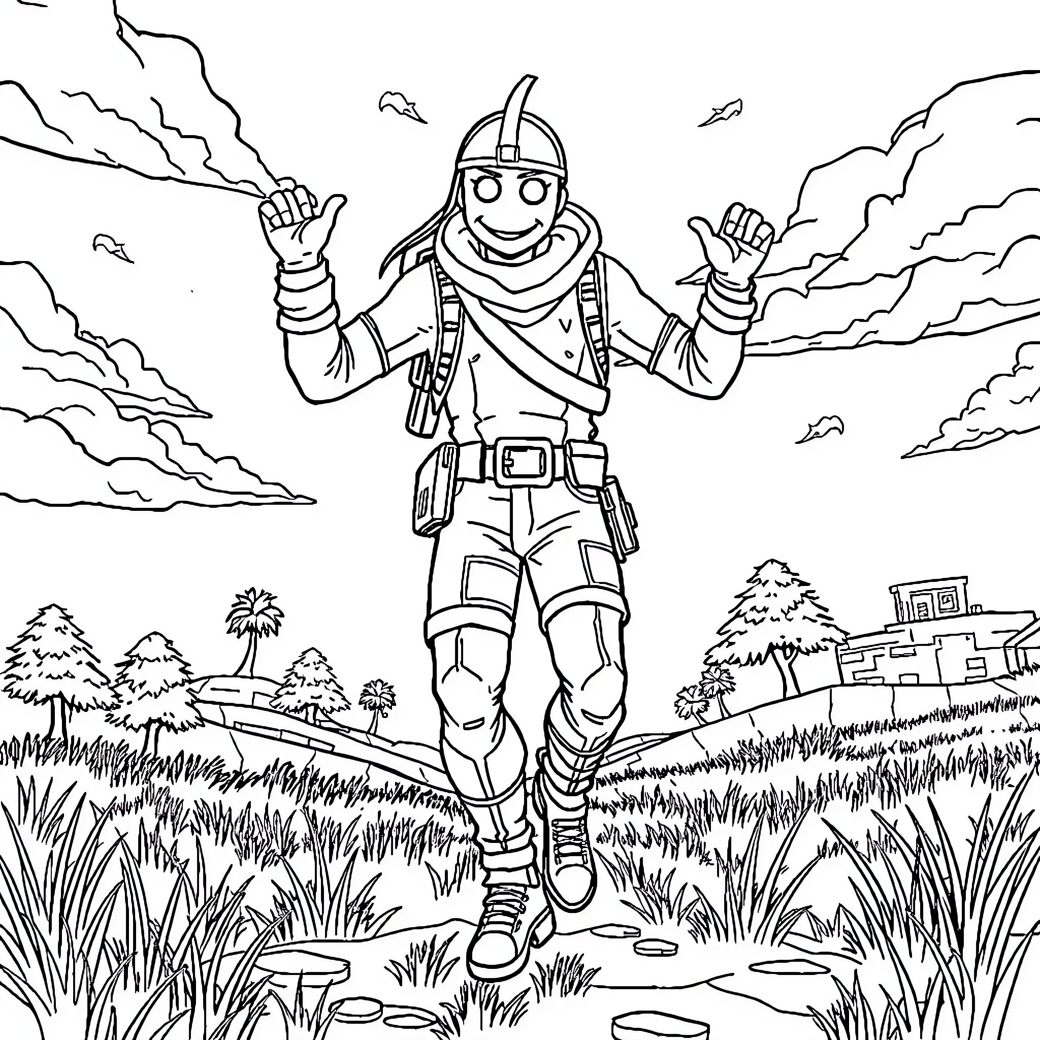 Fortnite Character Jumping with Excitement in Outdoor Landscape Coloring Page (free black-and-white line drawing printable PDF for all, from beginners to advanced learners, including children, teens, adults, and seniors)