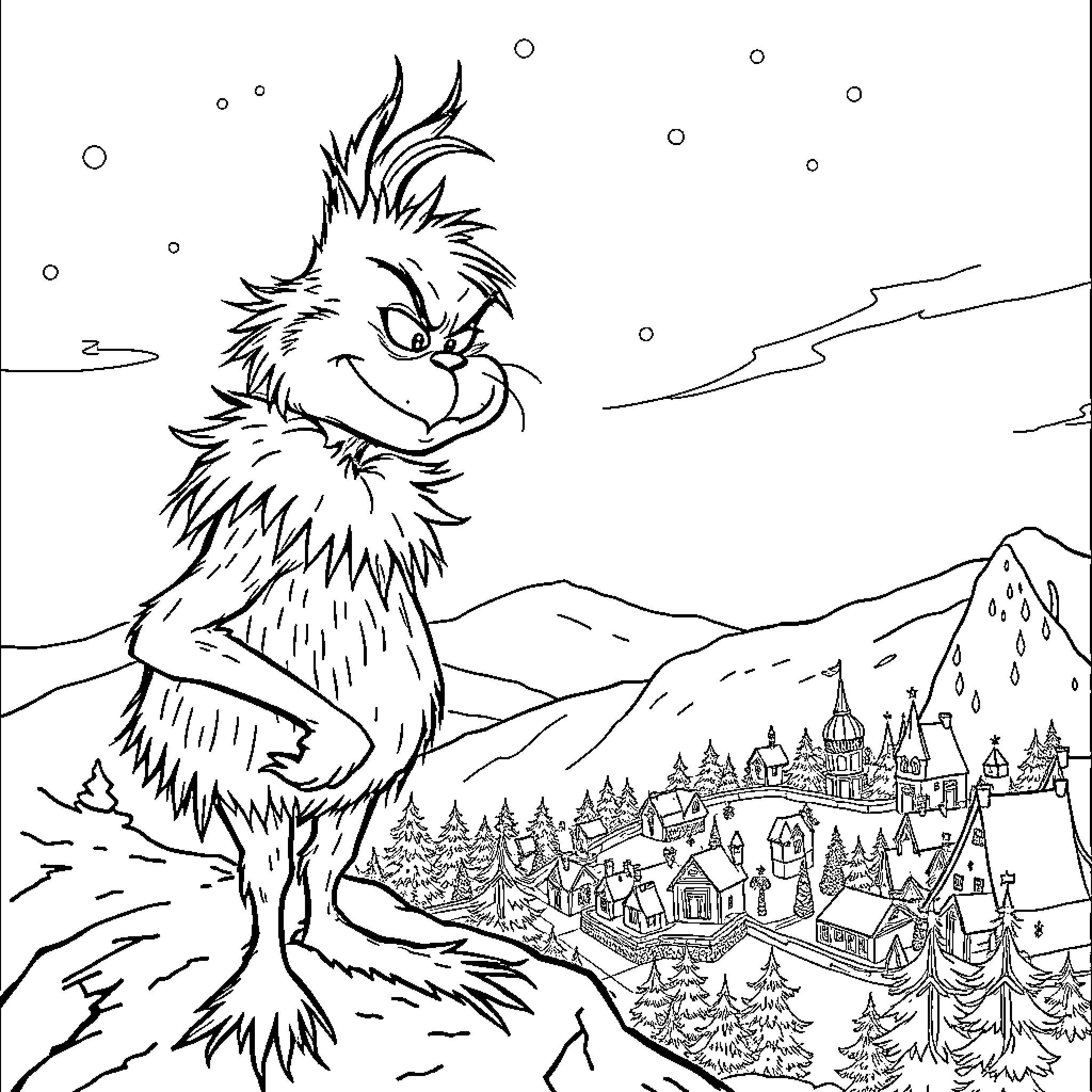 Grinch overlooking a snowy town in mischief Coloring Page (free black-and-white line drawing printable PDF for all, from beginners to advanced learners, including children, teens, adults, and seniors)