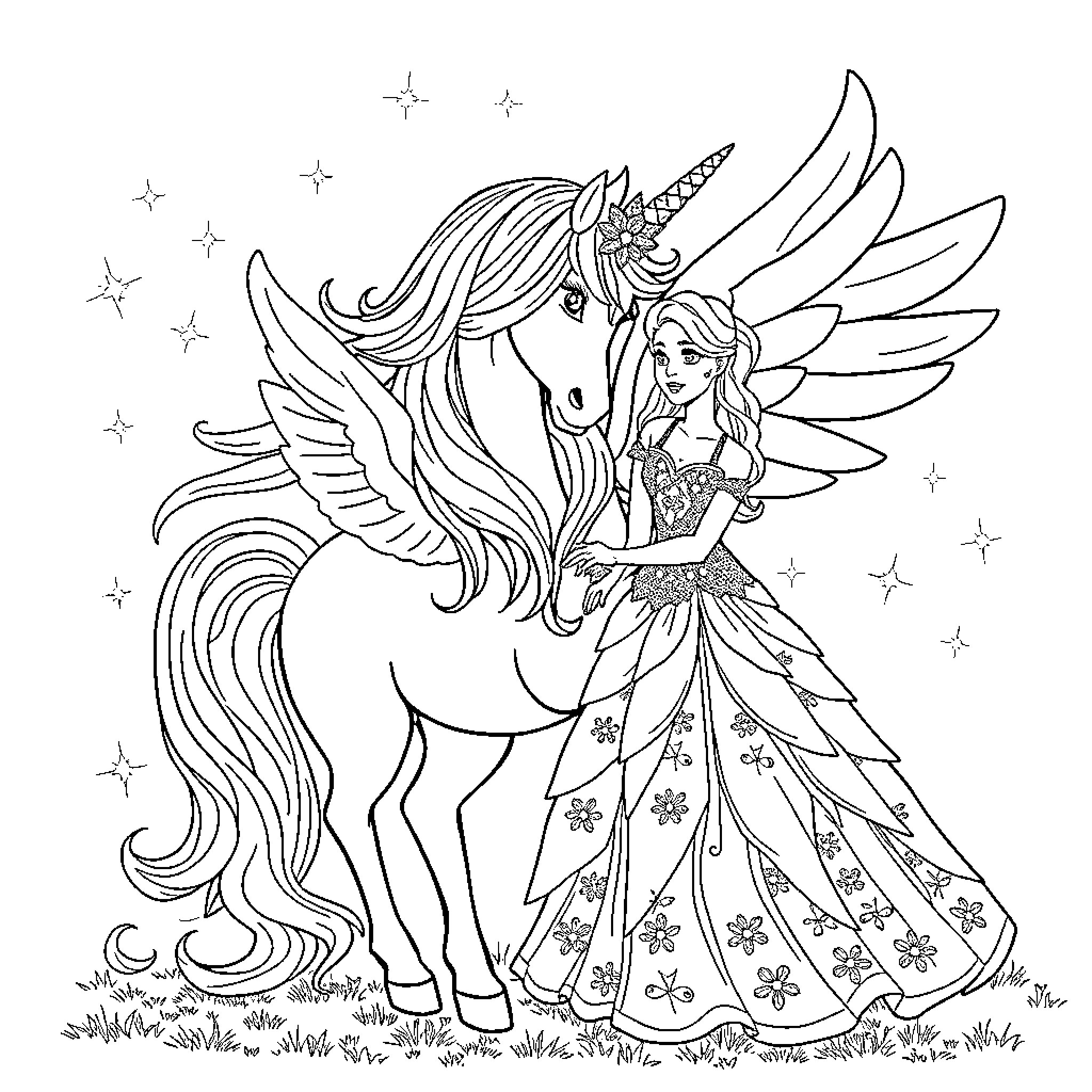Unicorn and Fairy Princess in Enchanted Garden Coloring Page (free black-and-white line drawing printable PDF for all, from beginners to advanced learners, including children, teens, adults, and seniors)