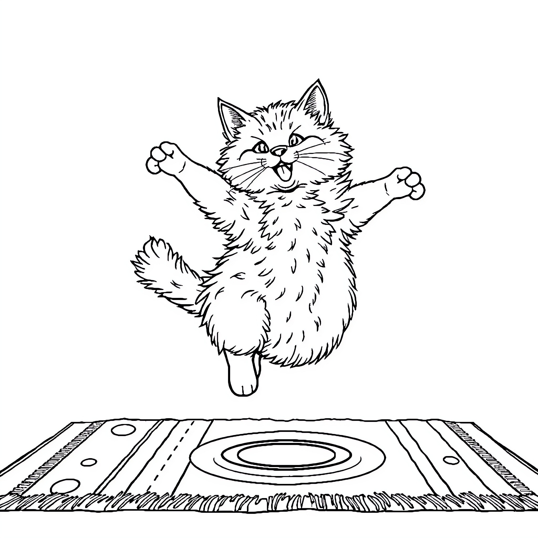 Cat jumping excitedly on colorful rug Coloring Page (free black-and-white line drawing printable PDF for all, from beginners to advanced learners, including children, teens, adults, and seniors)